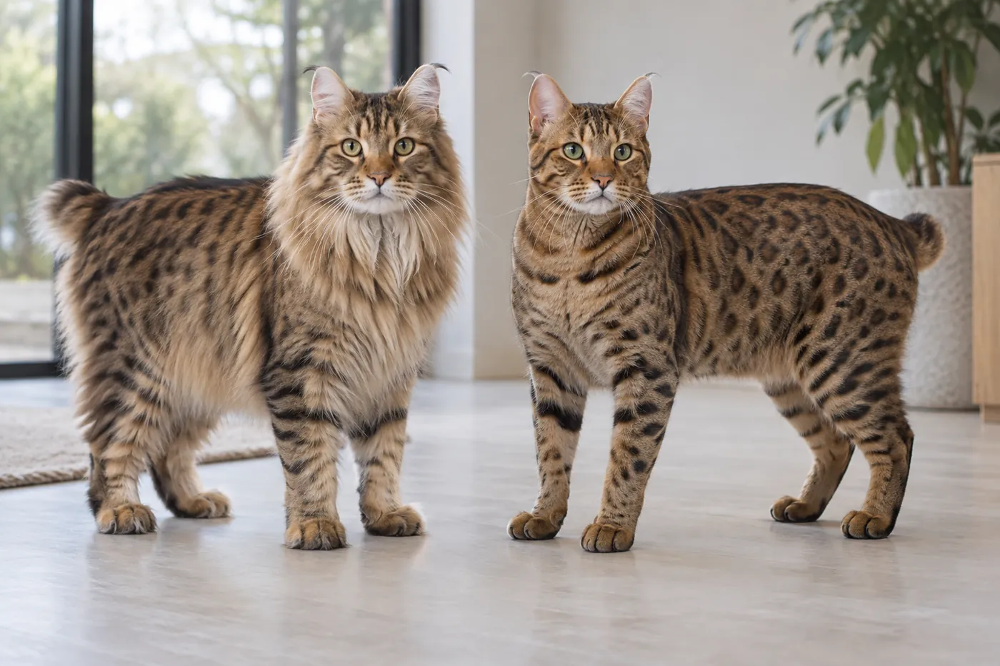 A longhaired and a shorthaired Highlander standing at equal scale with curled ears and short tails visible