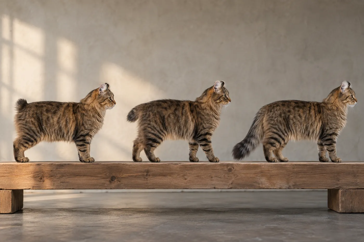 Three healthy Highlander cats showing different functional short-tail lengths in side profile