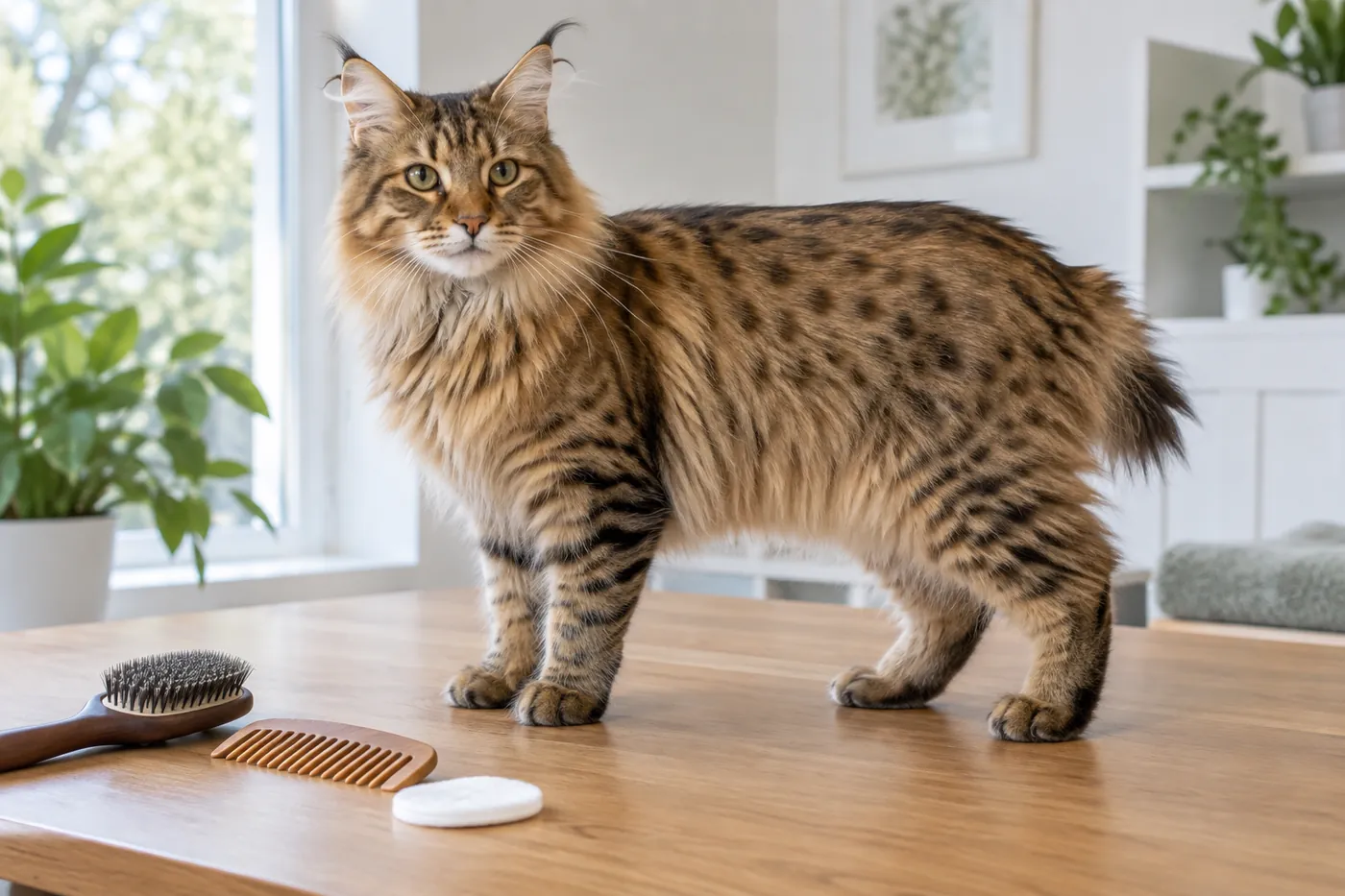 A calm Highlander beside a soft brush wide comb and visible-ear care pad on a low table
