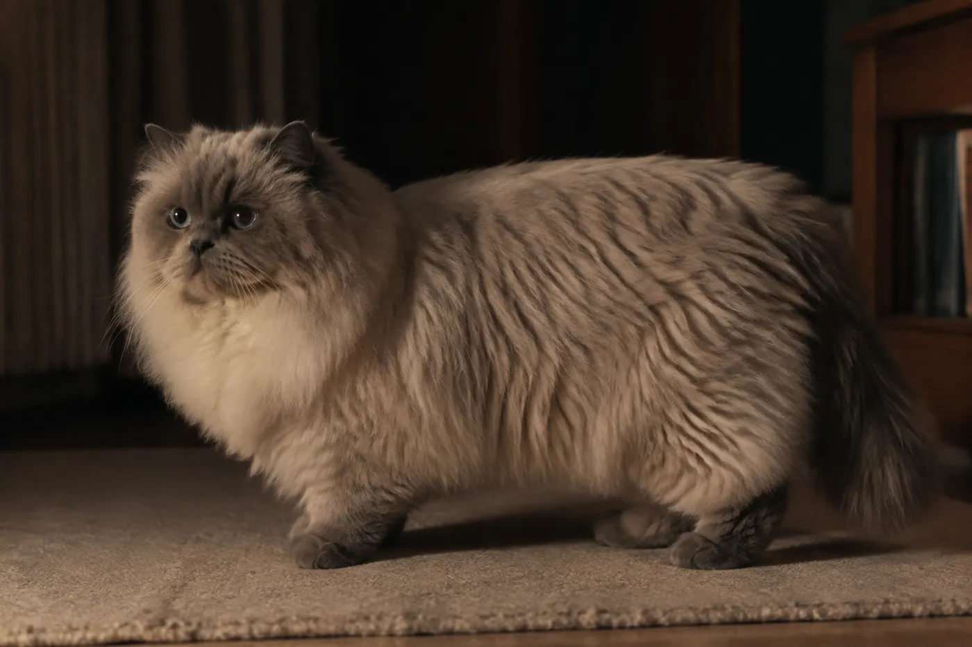 A blue point Himalayan standing side on across a rug, photographed at floor level