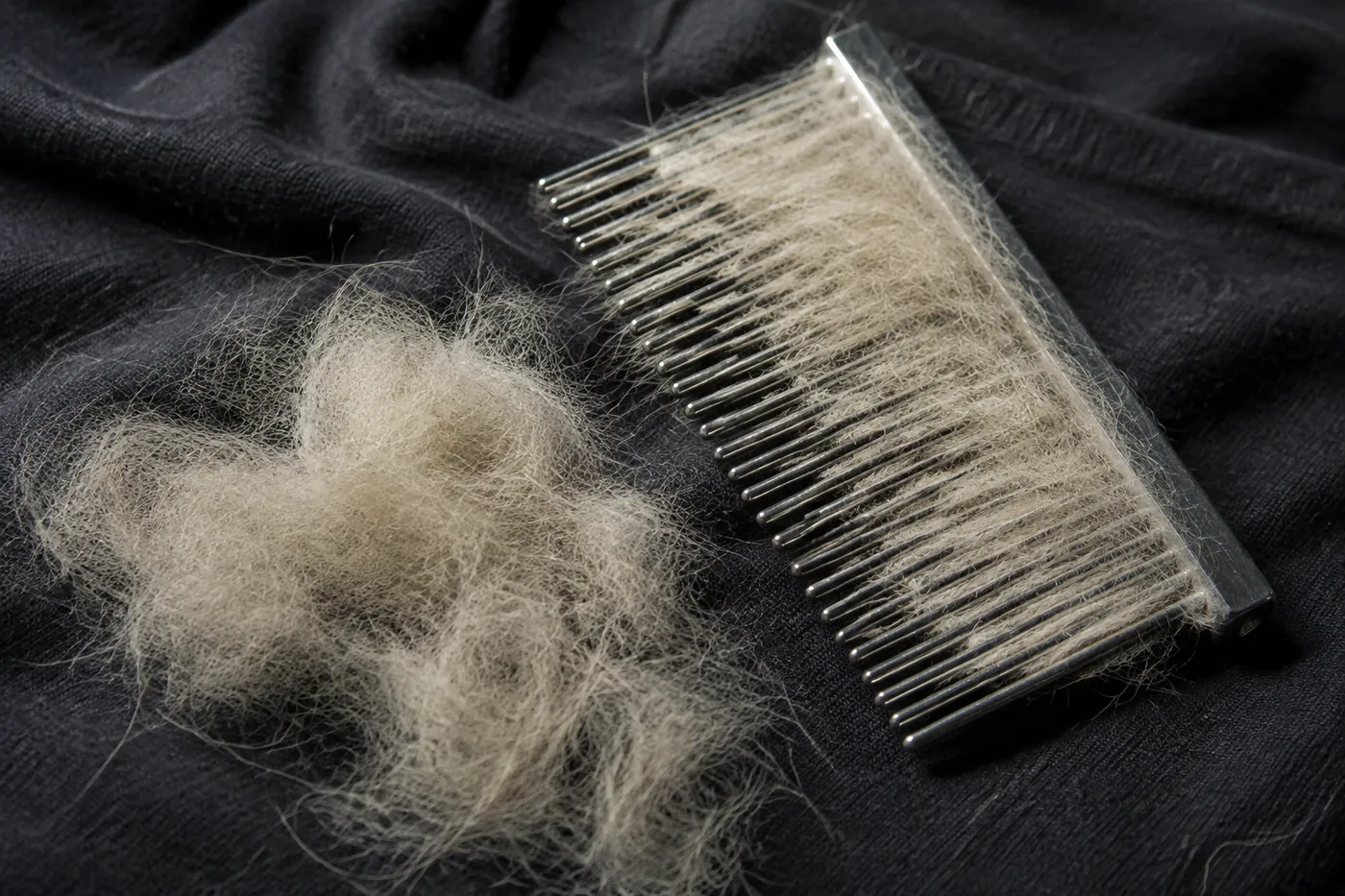 A metal grooming comb packed with pale shed undercoat, with a loose drift of the same fur beside it
