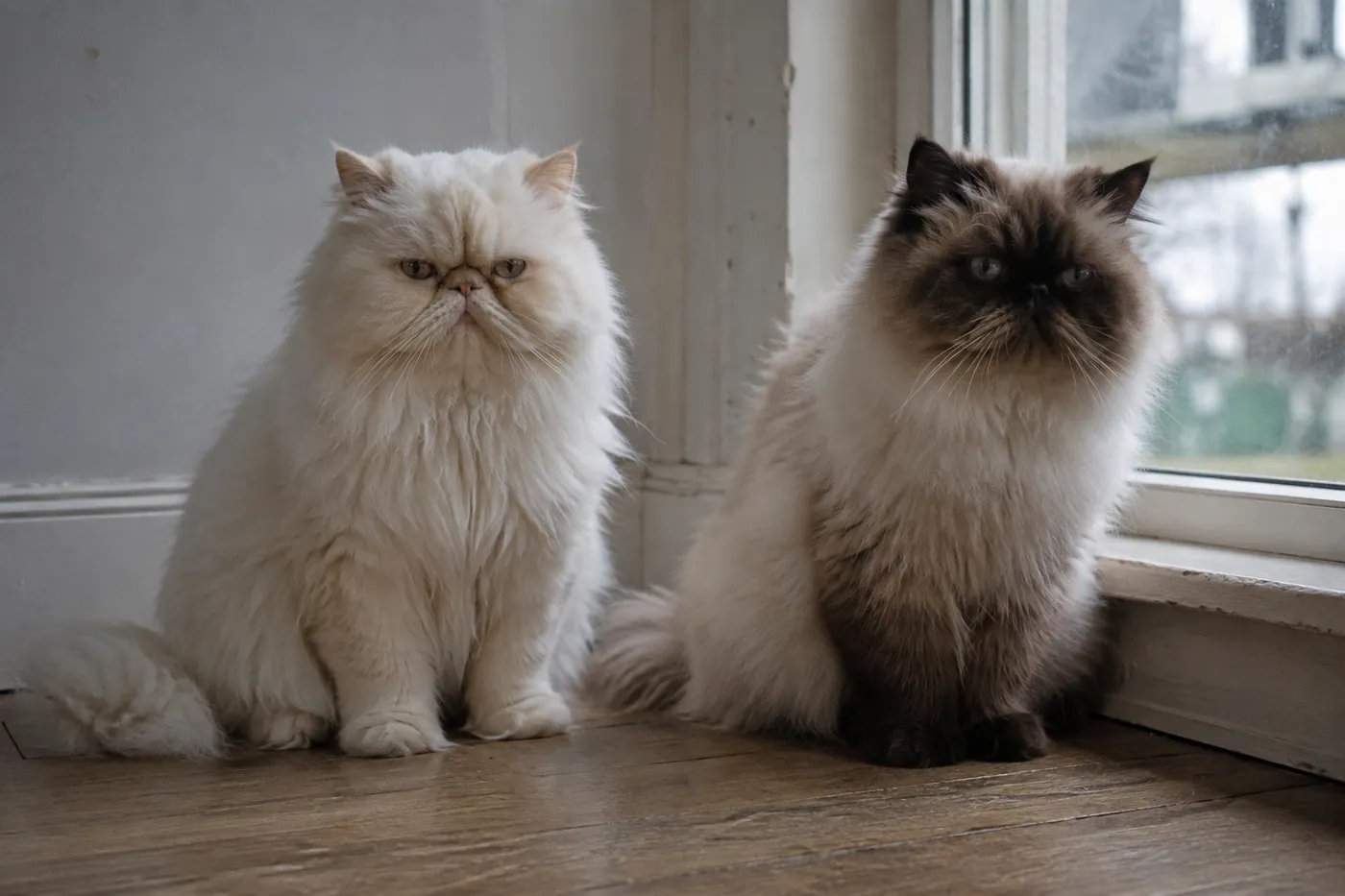 A cream Persian and a seal point cat sitting side by side on a wooden floor by a window, both with the same flat round face and heavy coat