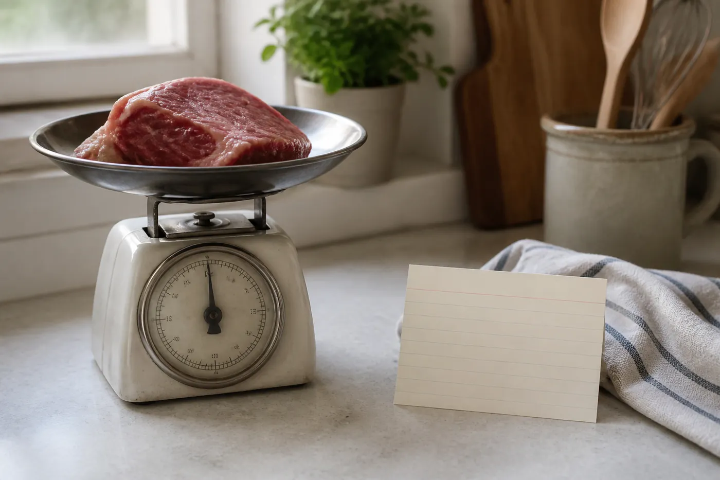 A kitchen scale weighing a portion of meat beside a written recipe card