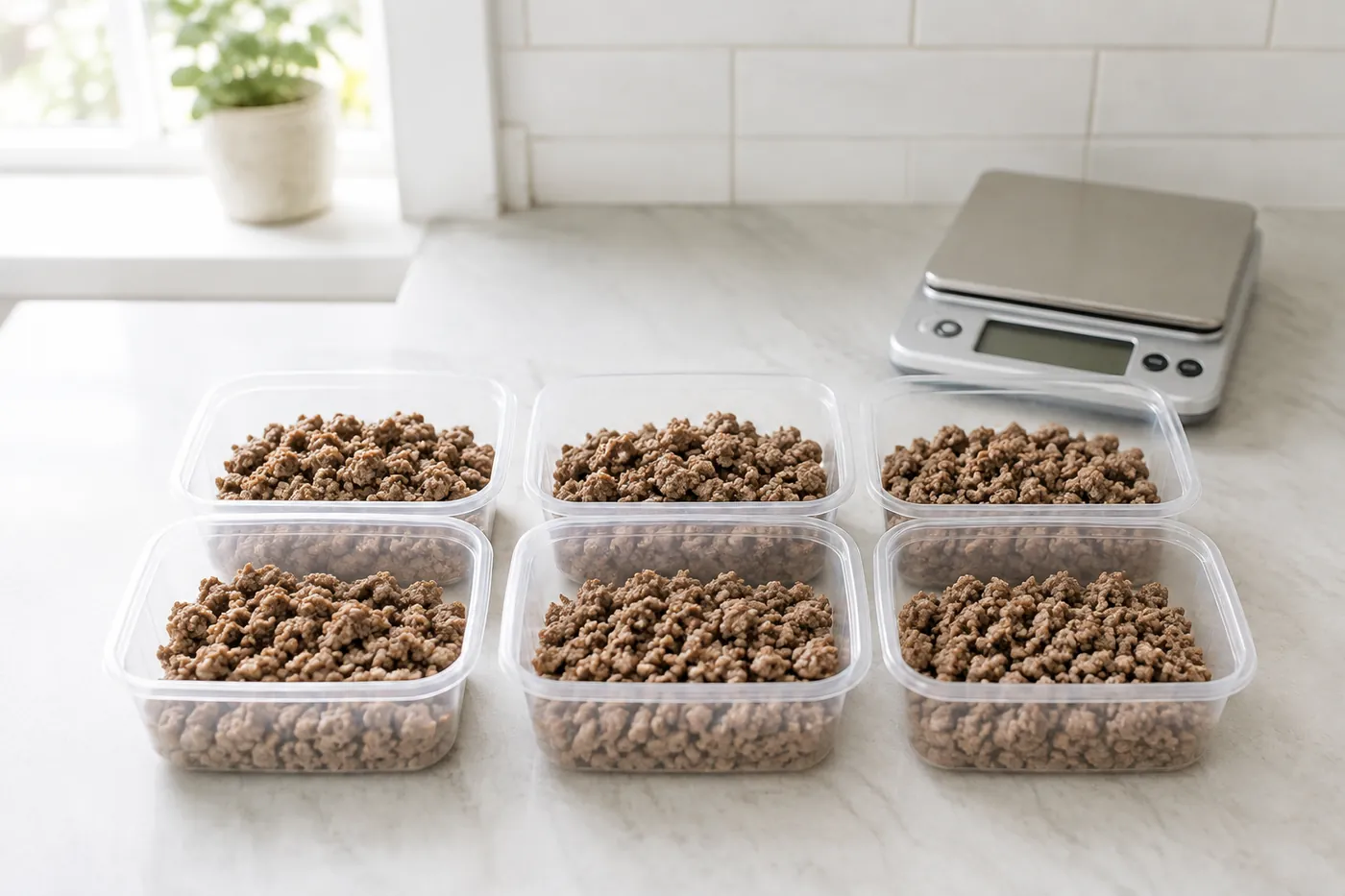 Portioned home prepared cat food in small freezer containers on a worktop