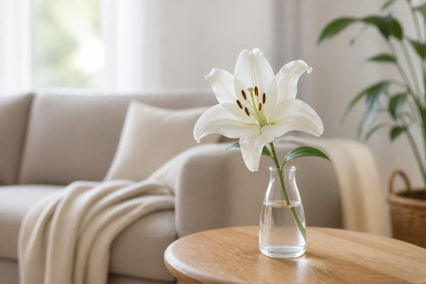A white lily standing in a glass vase on a side table in a bright room