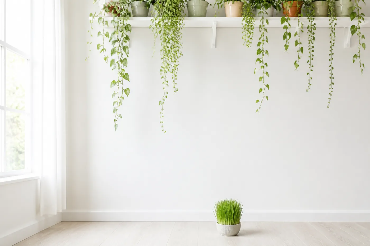 Houseplants moved to a high hanging shelf with a pot of cat grass left at floor level