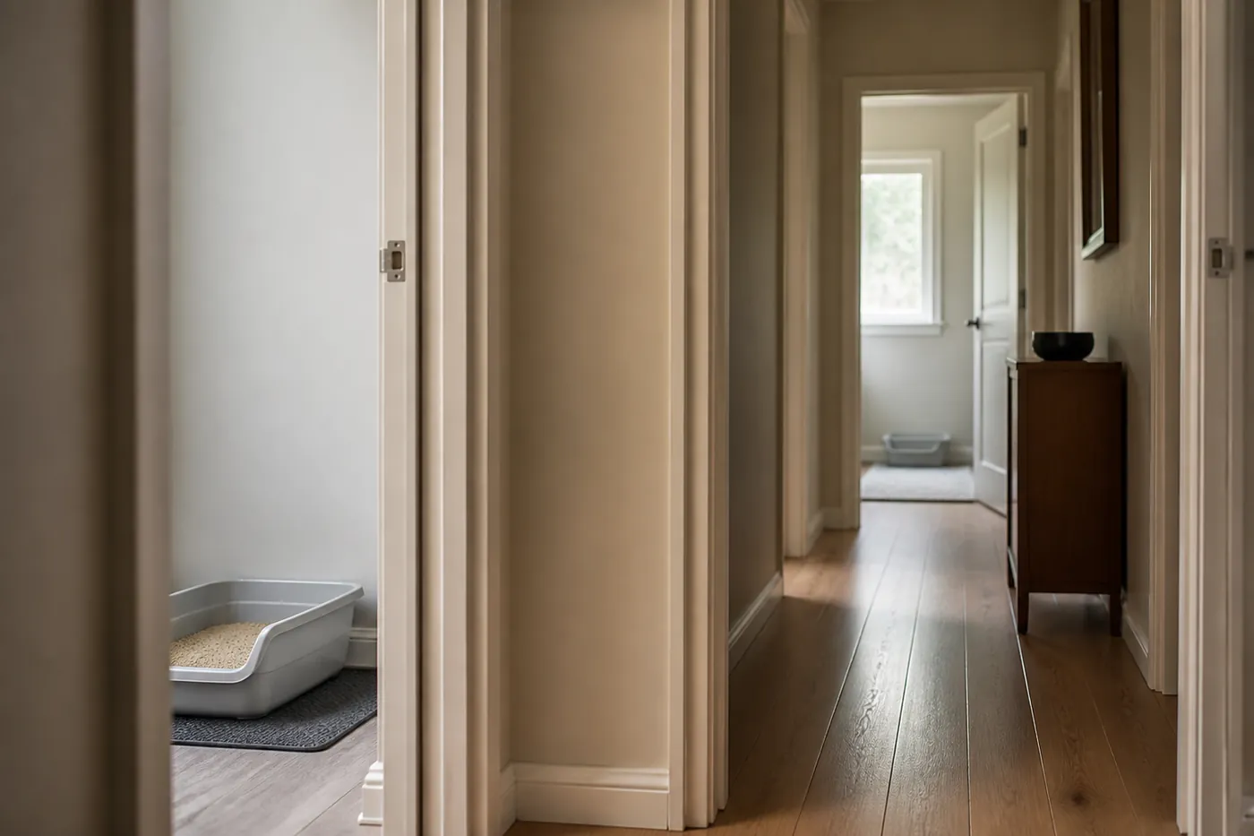 Two litter trays placed in separate rooms along a hallway