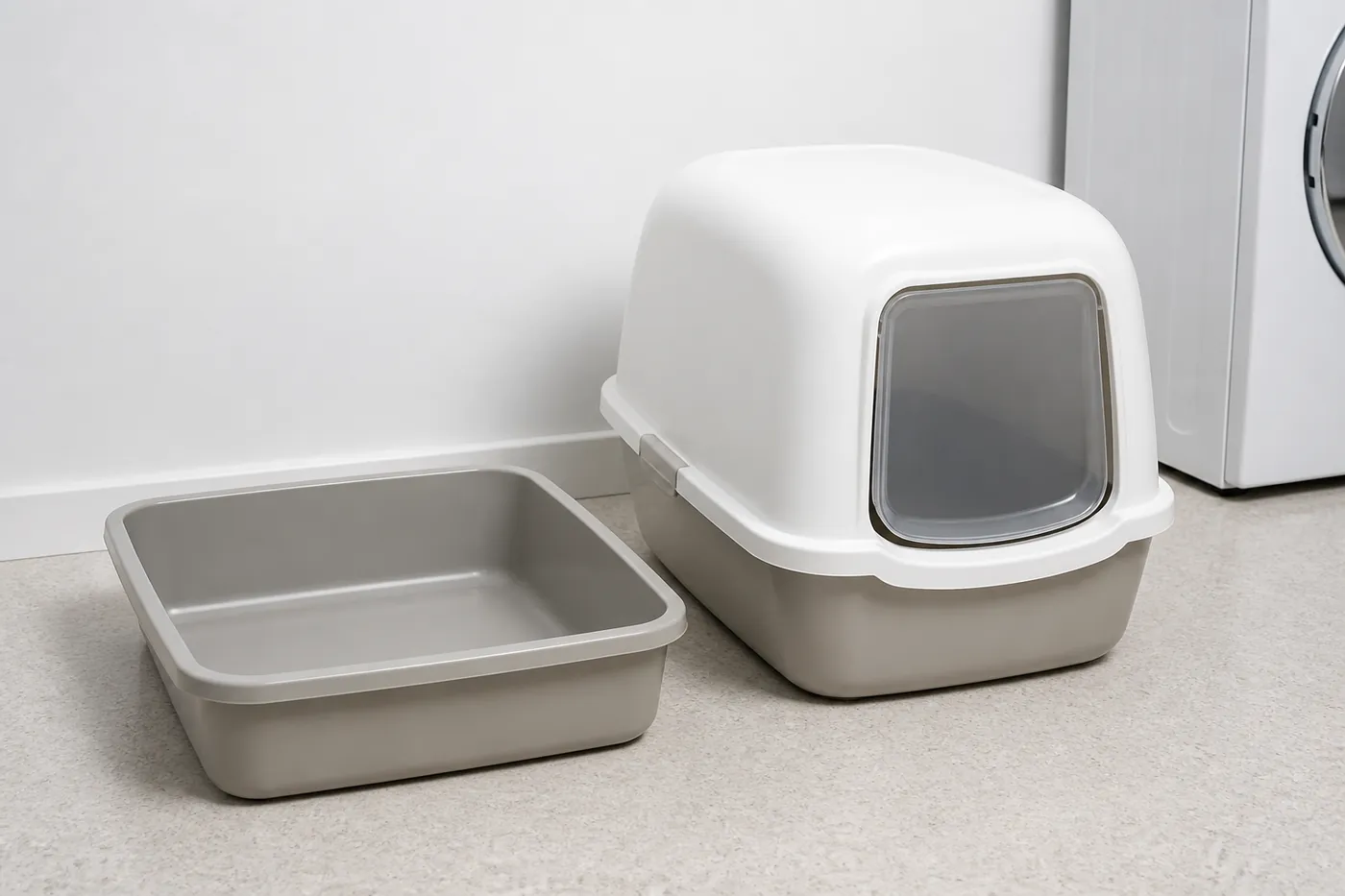 An open litter tray beside a hooded litter tray with the lid in place