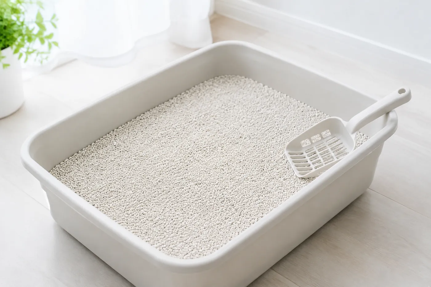 A scoop resting on a clean tray with fresh litter at even depth