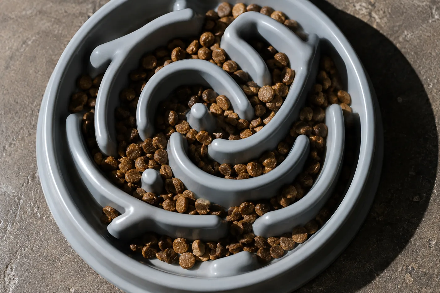 A ridged slow feeder bowl with dry food pressed into its channels