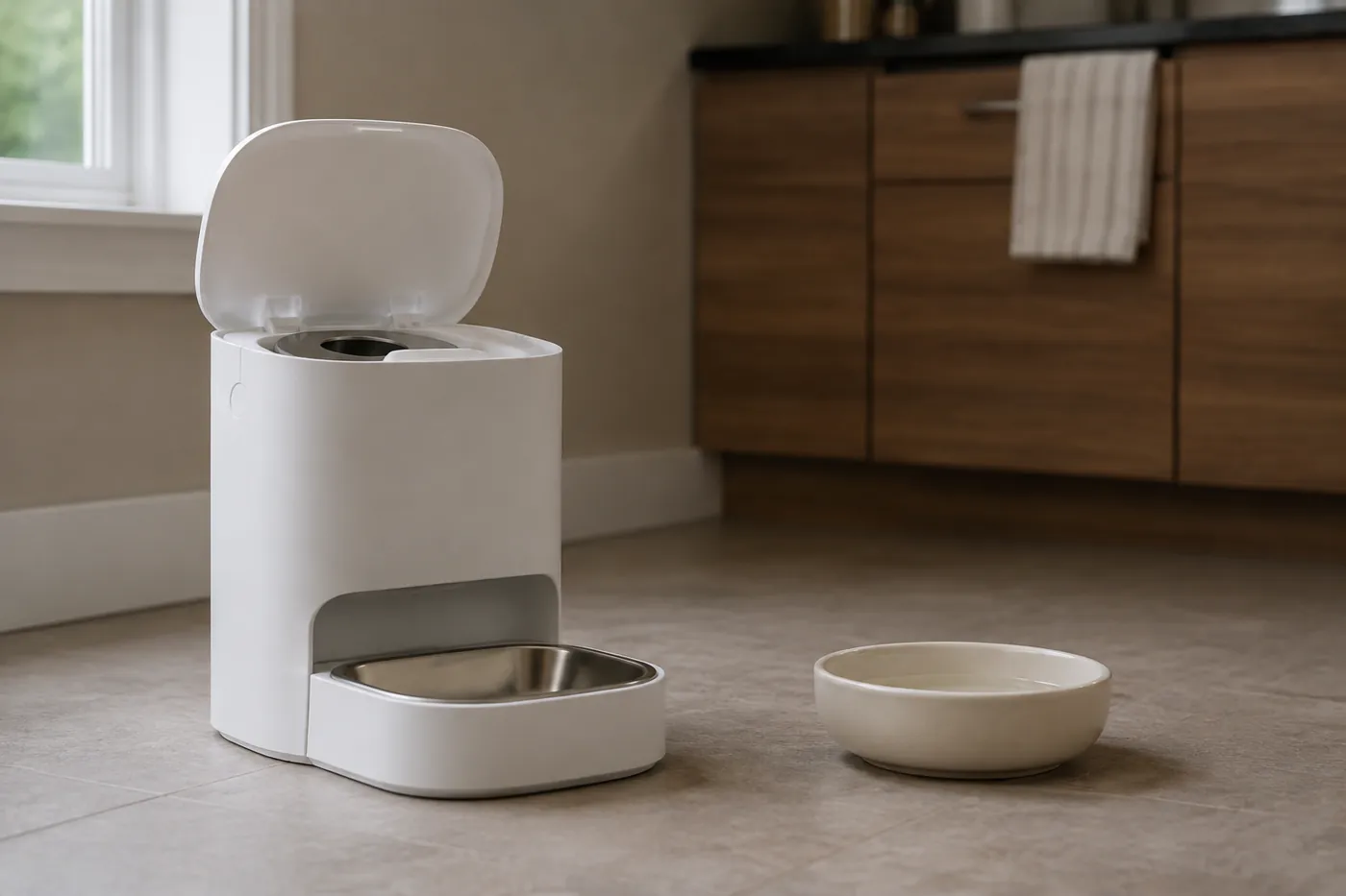 A microchip feeder with its lid open beside a plain bowl