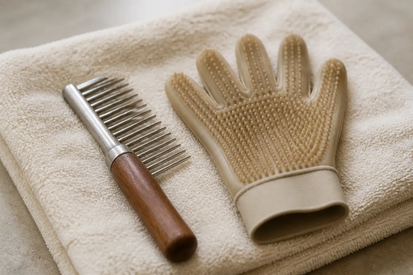 A wide-toothed comb and a grooming glove resting on a folded towel