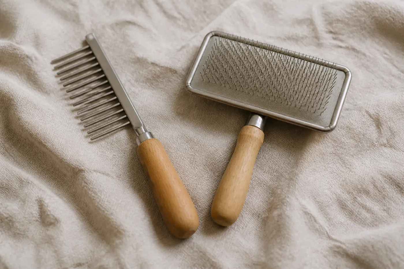 A wide-toothed metal comb and a slicker brush laid side by side on linen