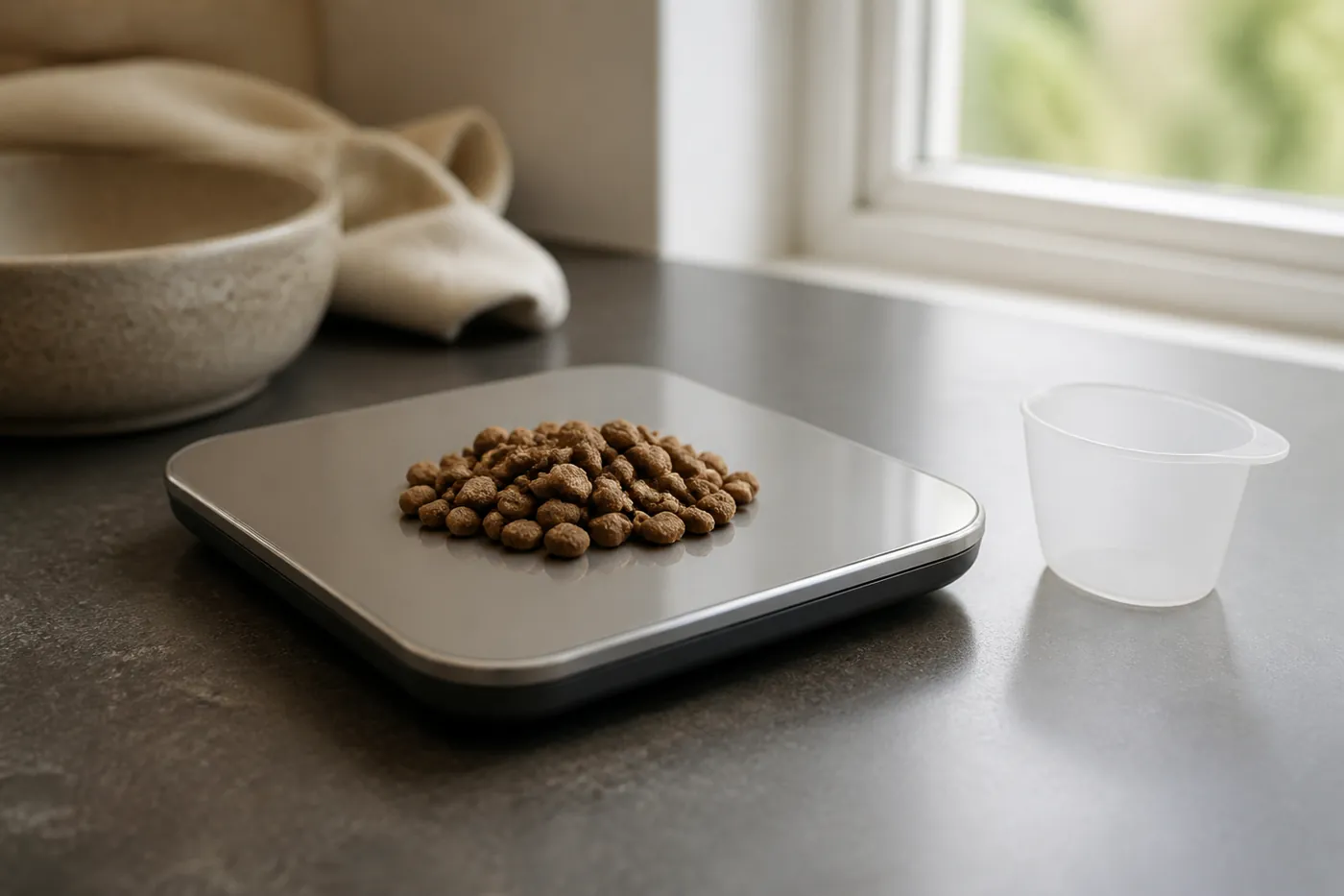 A kitchen scale holding a small portion of dry cat food beside a measuring cup