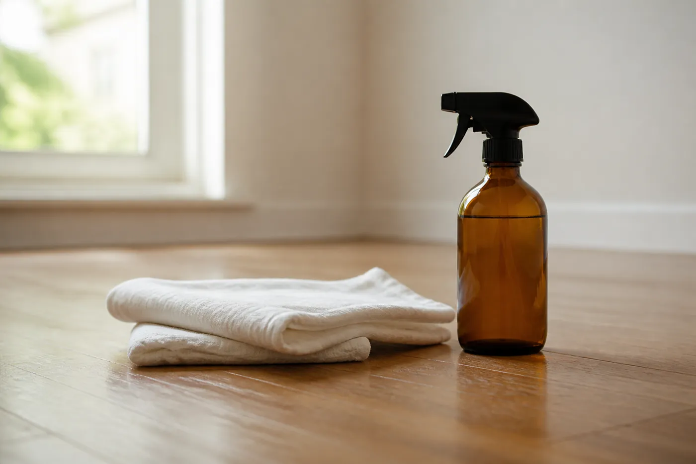 An unlabelled spray bottle and folded cloths standing on a hard floor