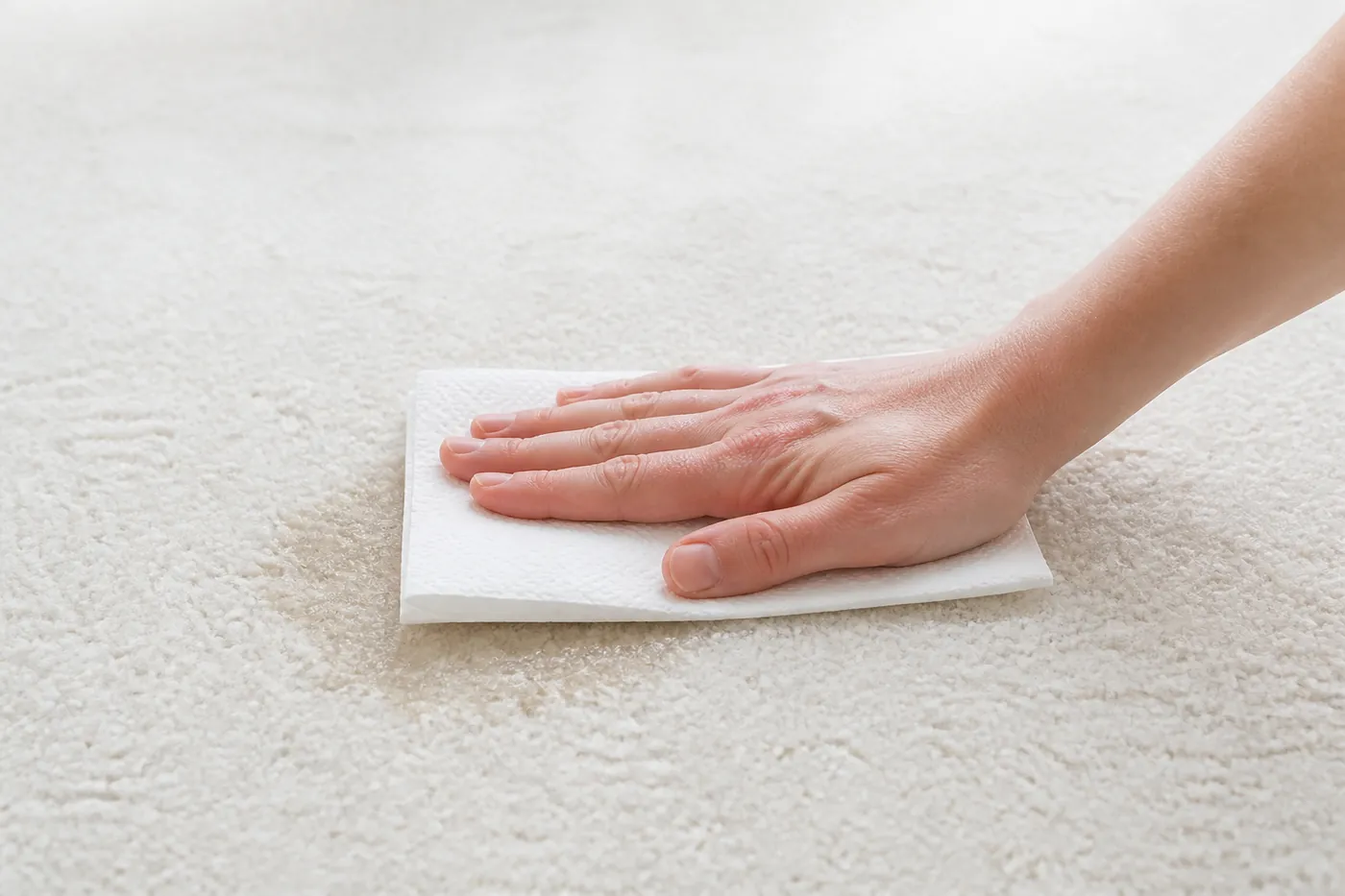 Paper towel pressed flat onto a damp patch on carpet