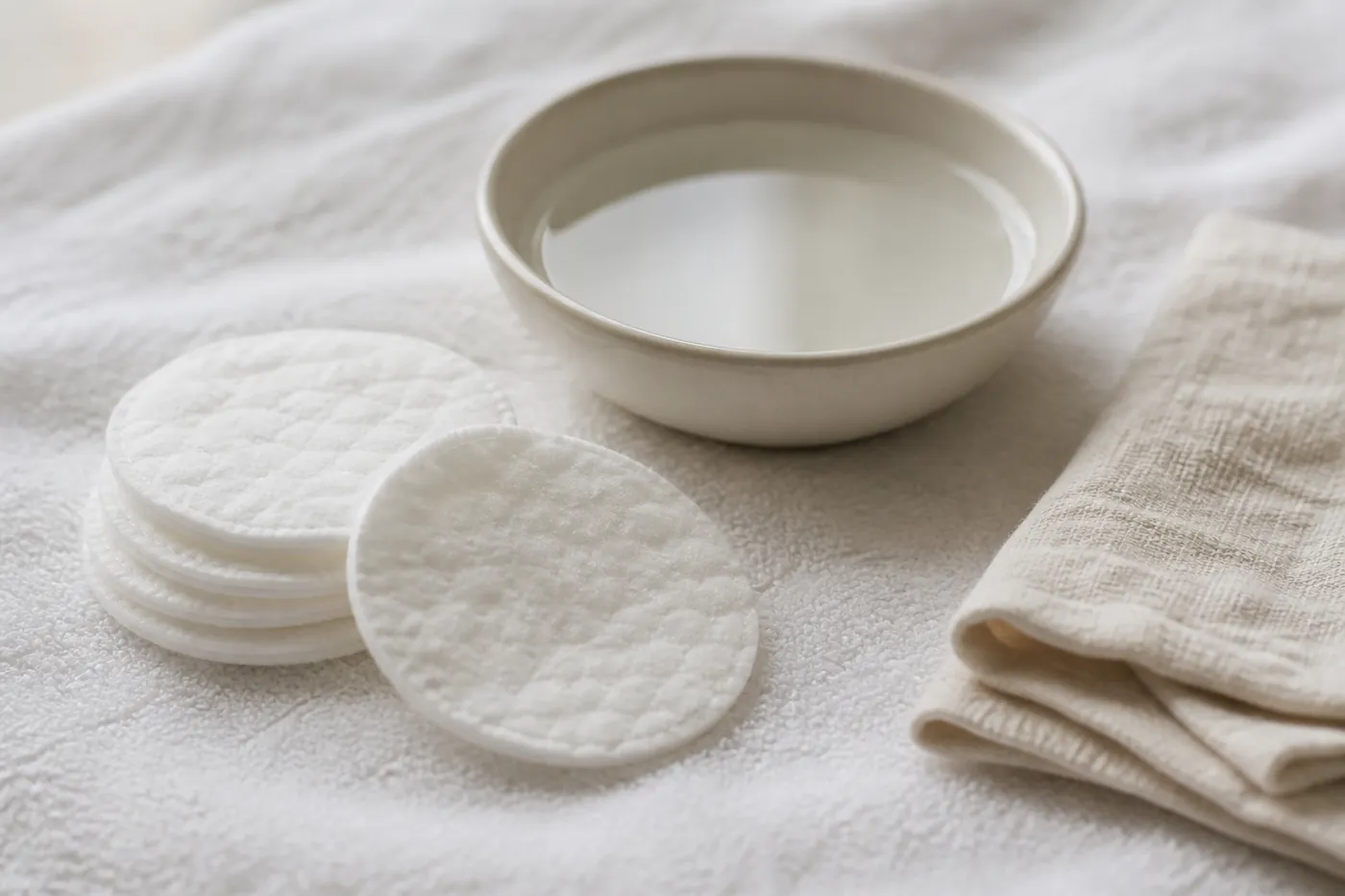 Cotton pads, a small bowl of water, and a soft dry cloth laid out on a towel