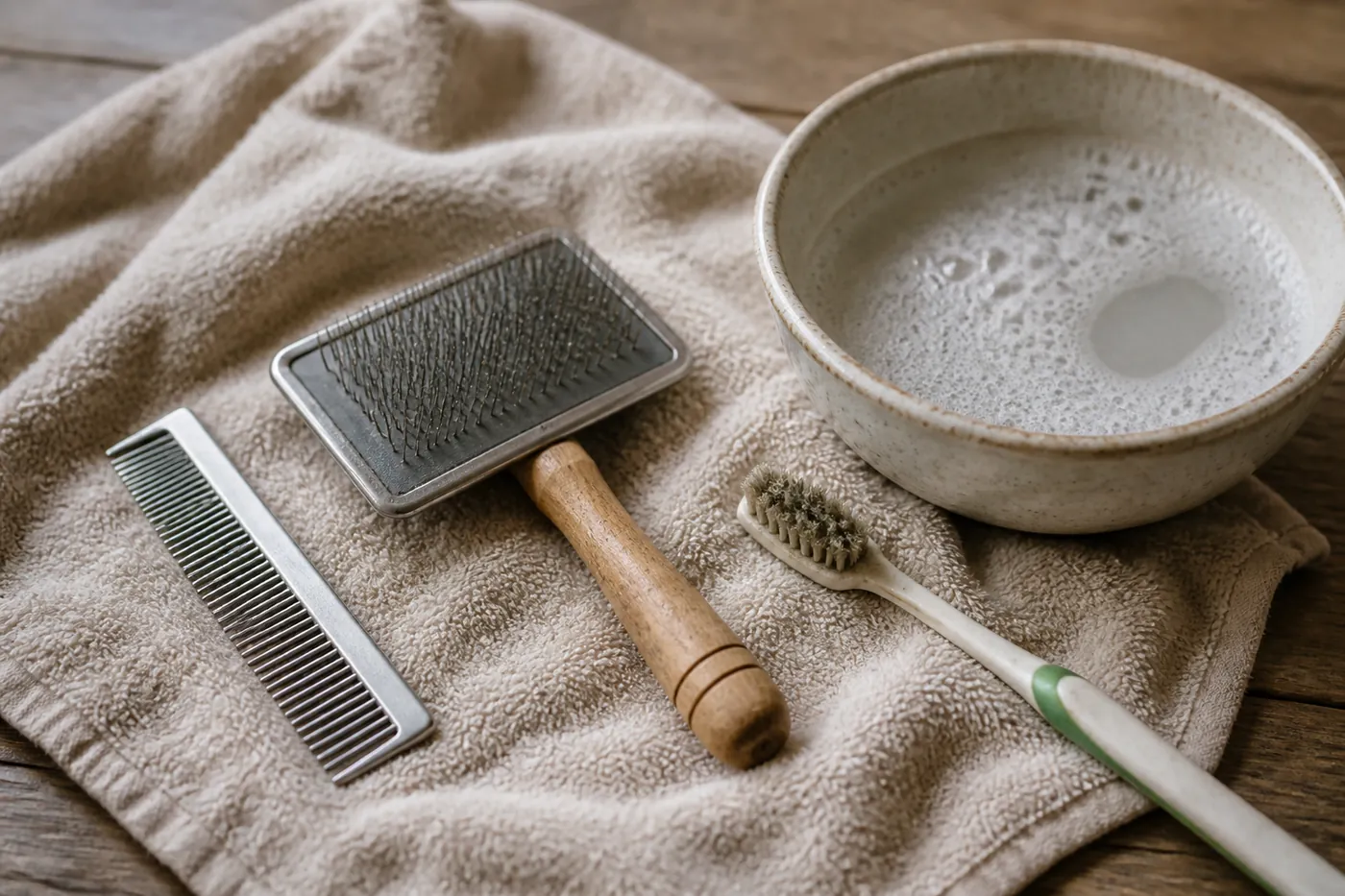 A metal comb and slicker brush laid on a towel beside a bowl of soapy water