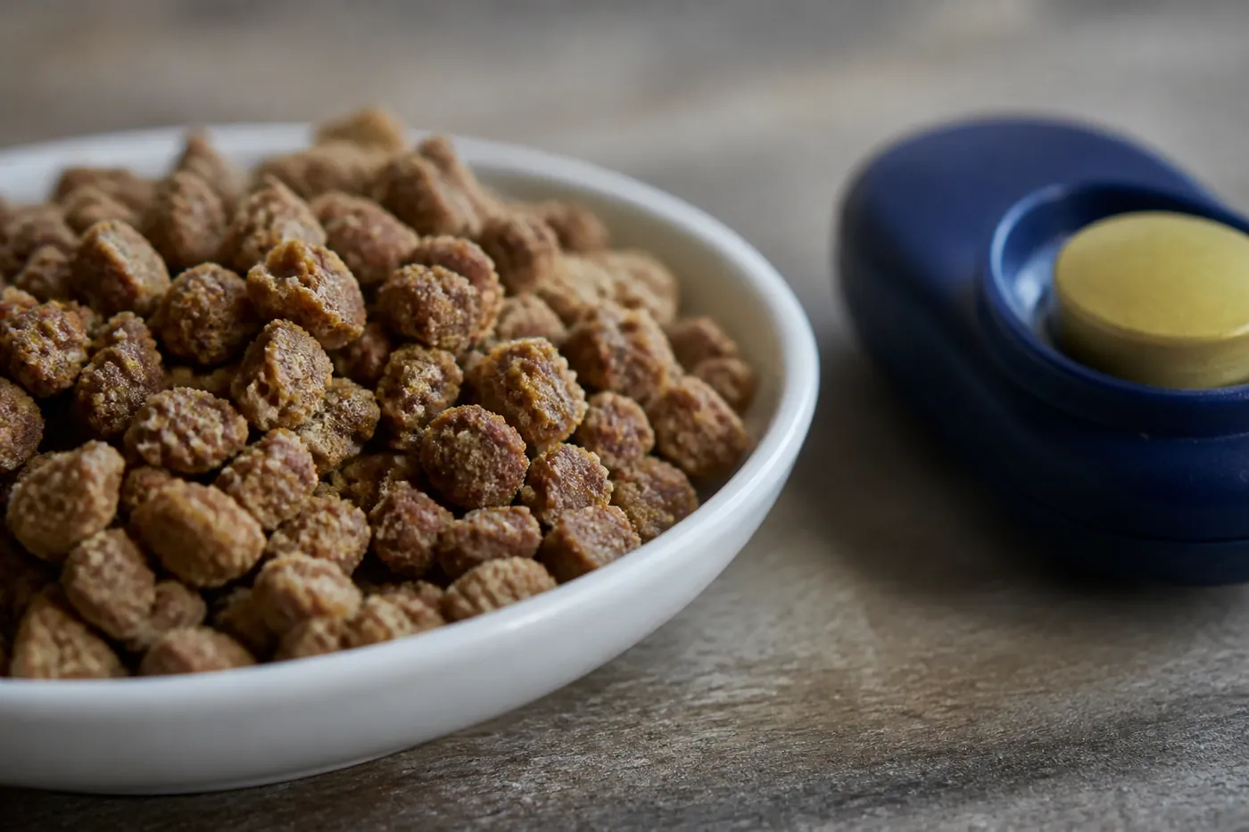 Small soft treats broken into pea sized pieces in a shallow dish
