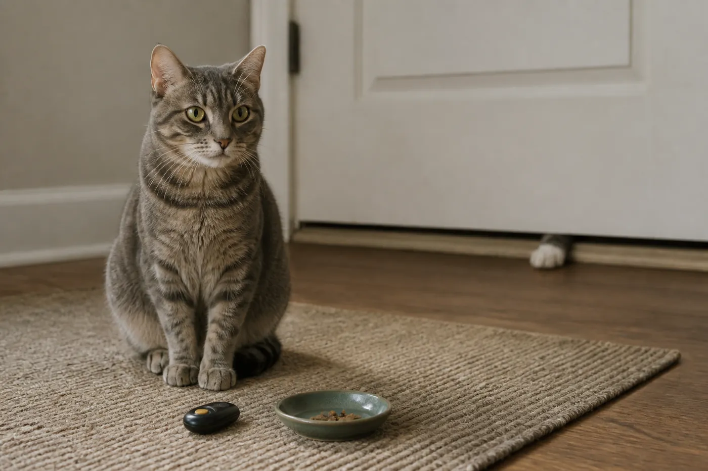 One cat working with a clicker in a room while another waits behind a closed door