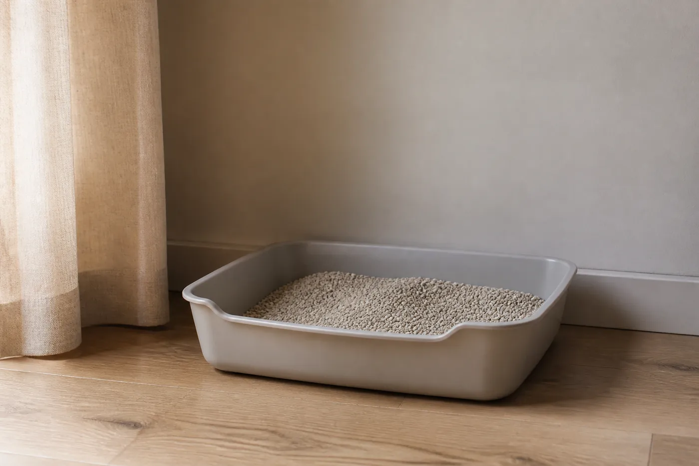 A small low-sided litter tray in a quiet corner away from any food bowl
