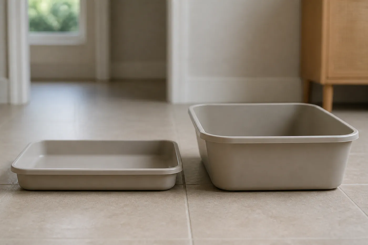 A very low-sided kitten tray next to a full-size adult litter tray