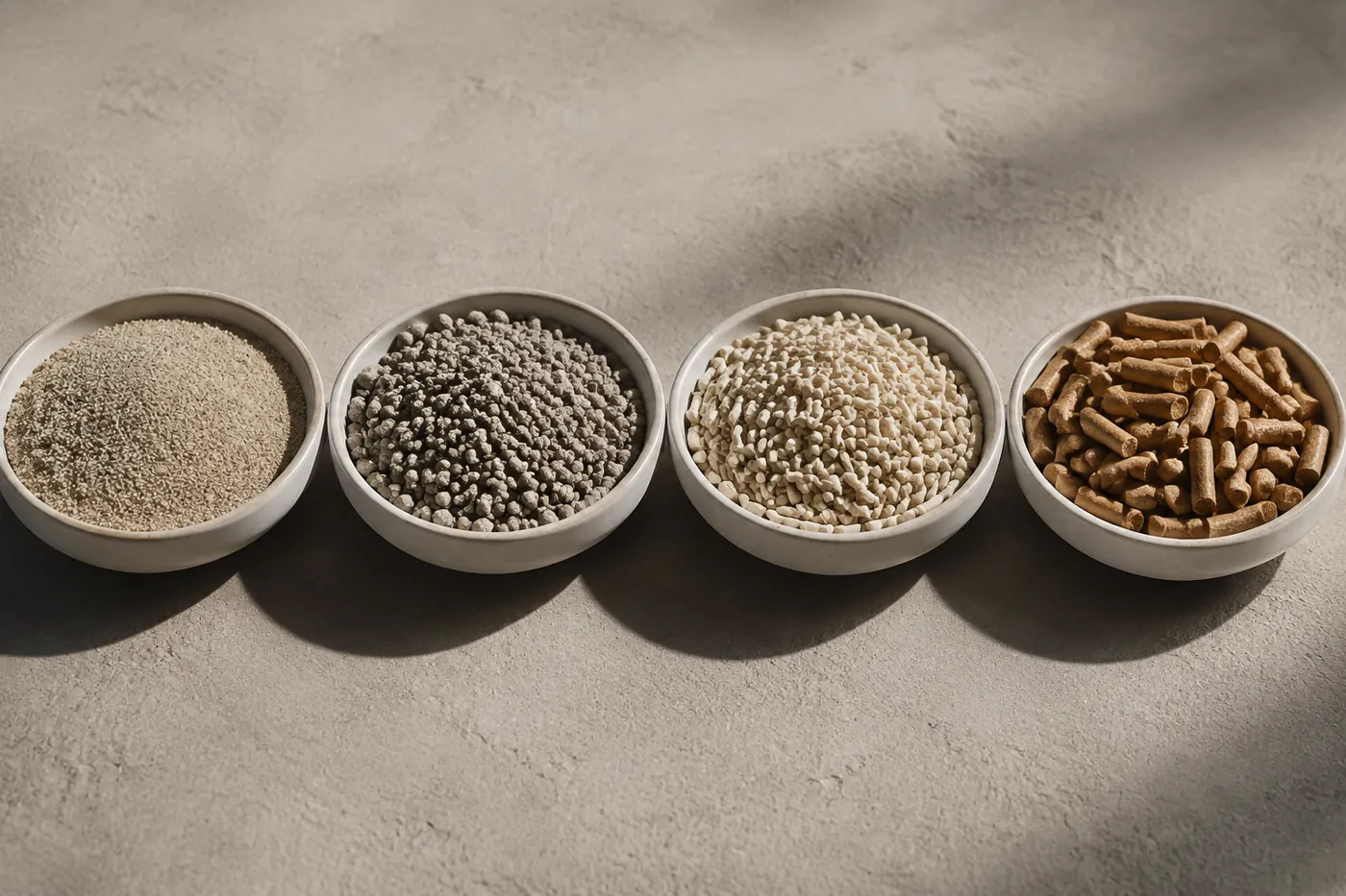 Four litter types in shallow dishes side by side