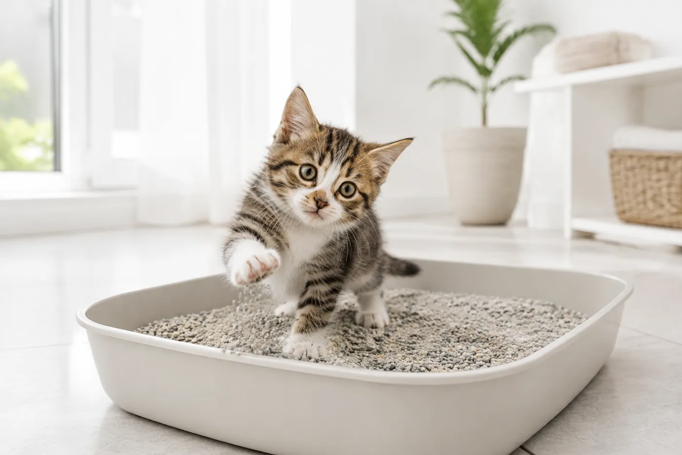 A kitten scratching at the litter surface with one front paw