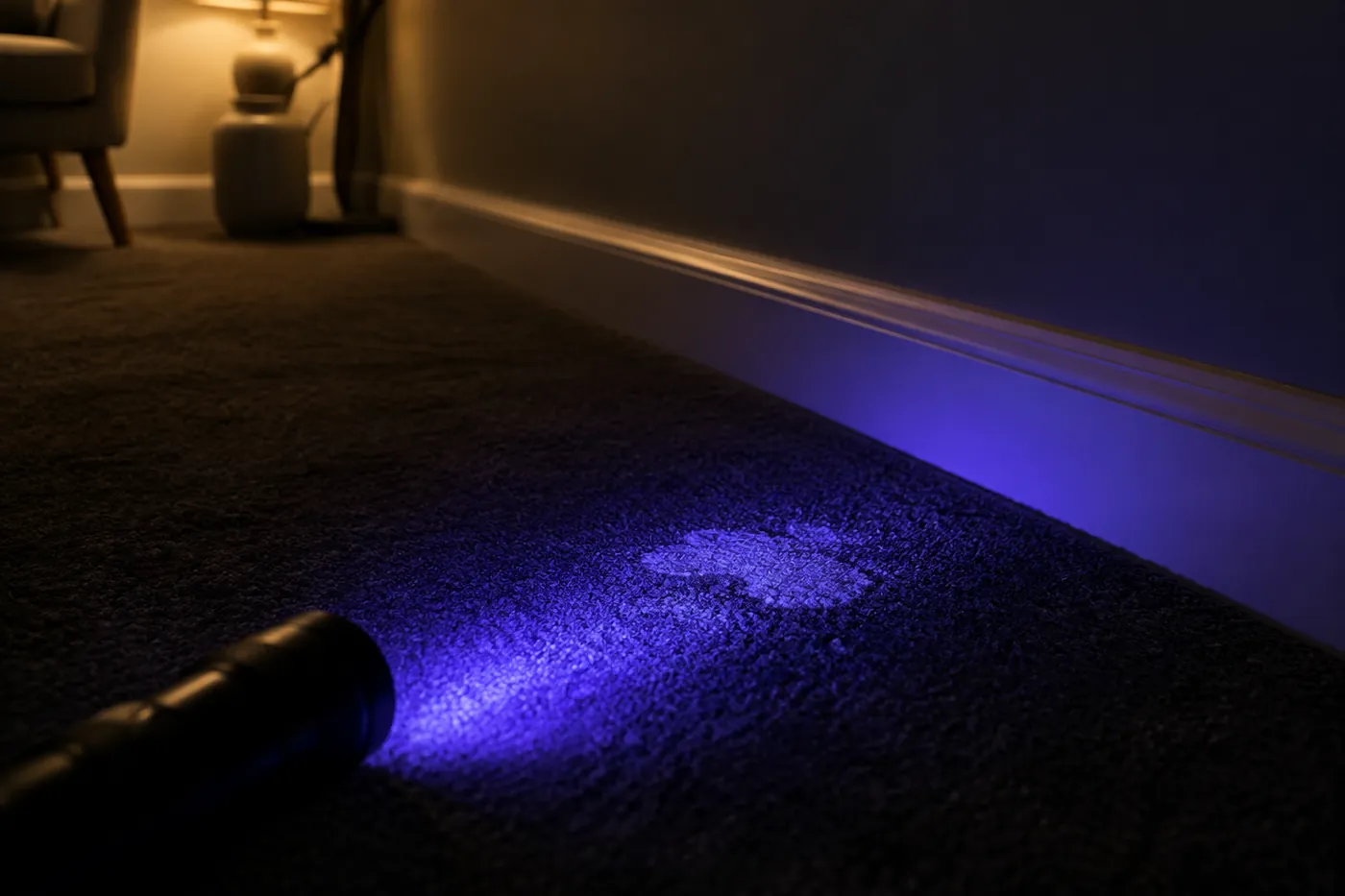A UV torch lighting a pale patch on a dark carpet at skirting level