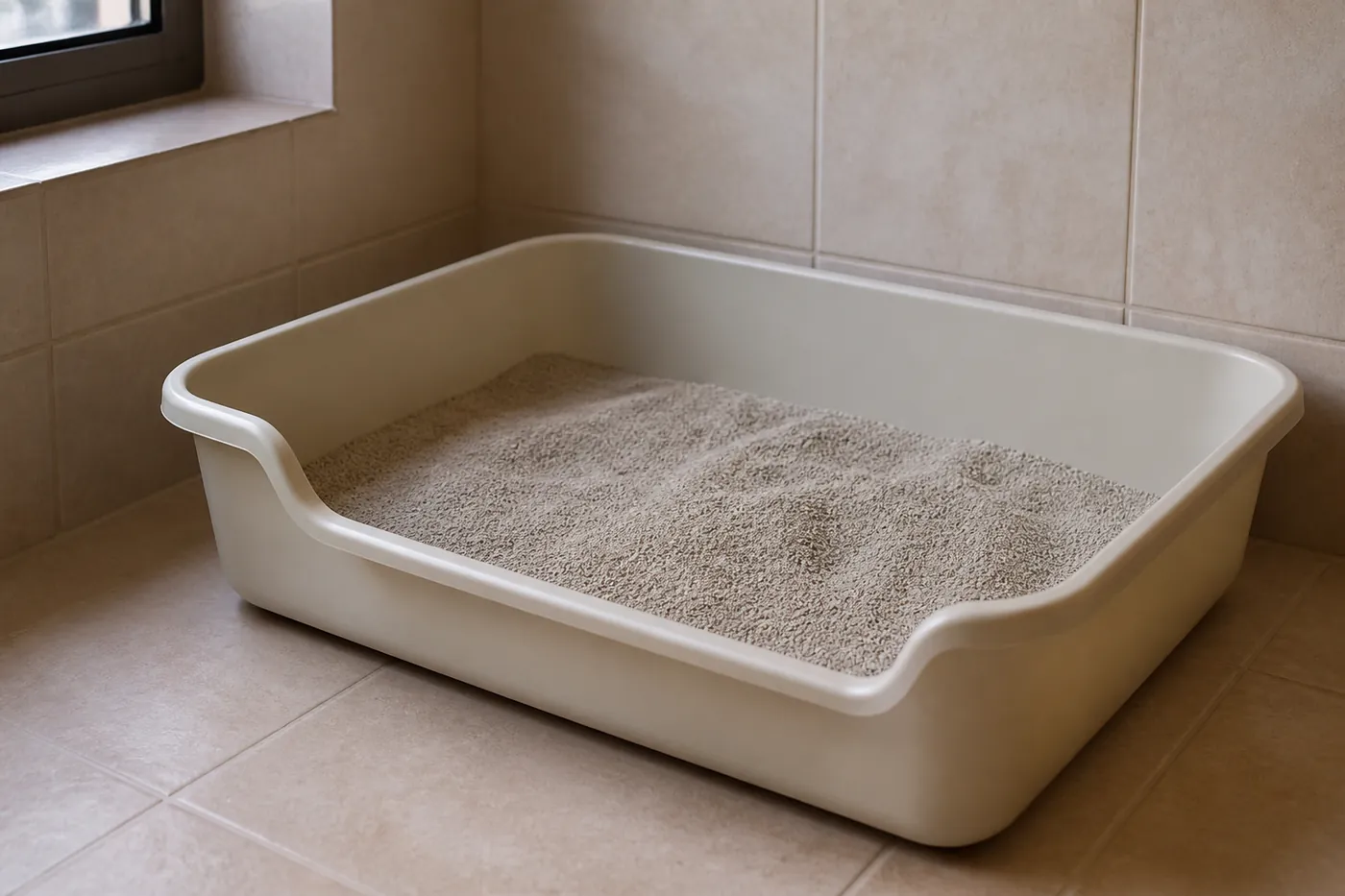 A large open tray filled with fine sandy litter in a quiet corner