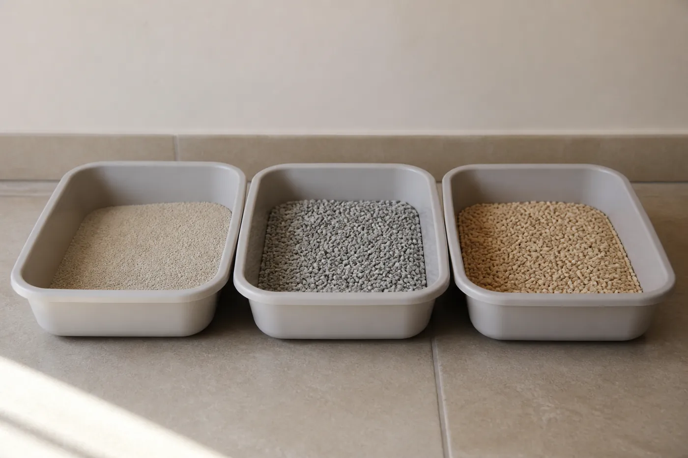 Three trays side by side holding different litter types in a quiet room