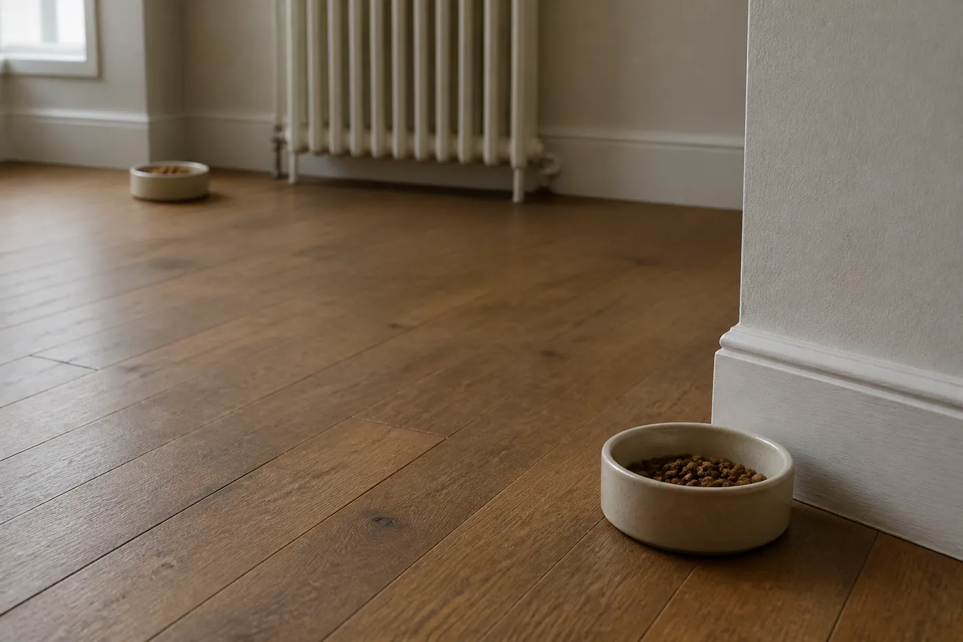 Two food bowls placed in separate corners of a room out of sight of each other