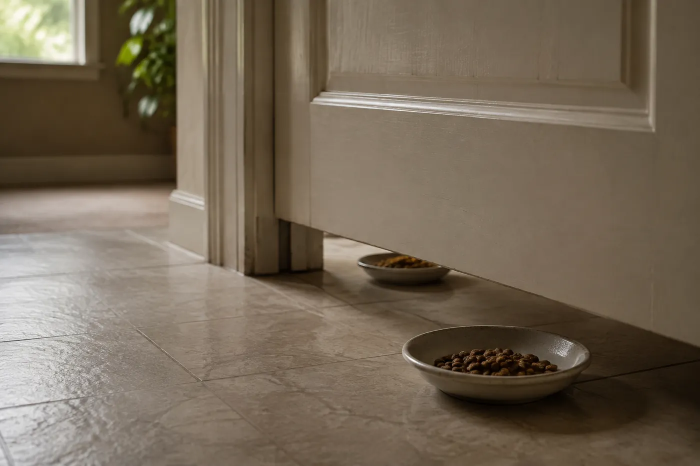 Two food bowls set either side of a closed door on a wooden floor