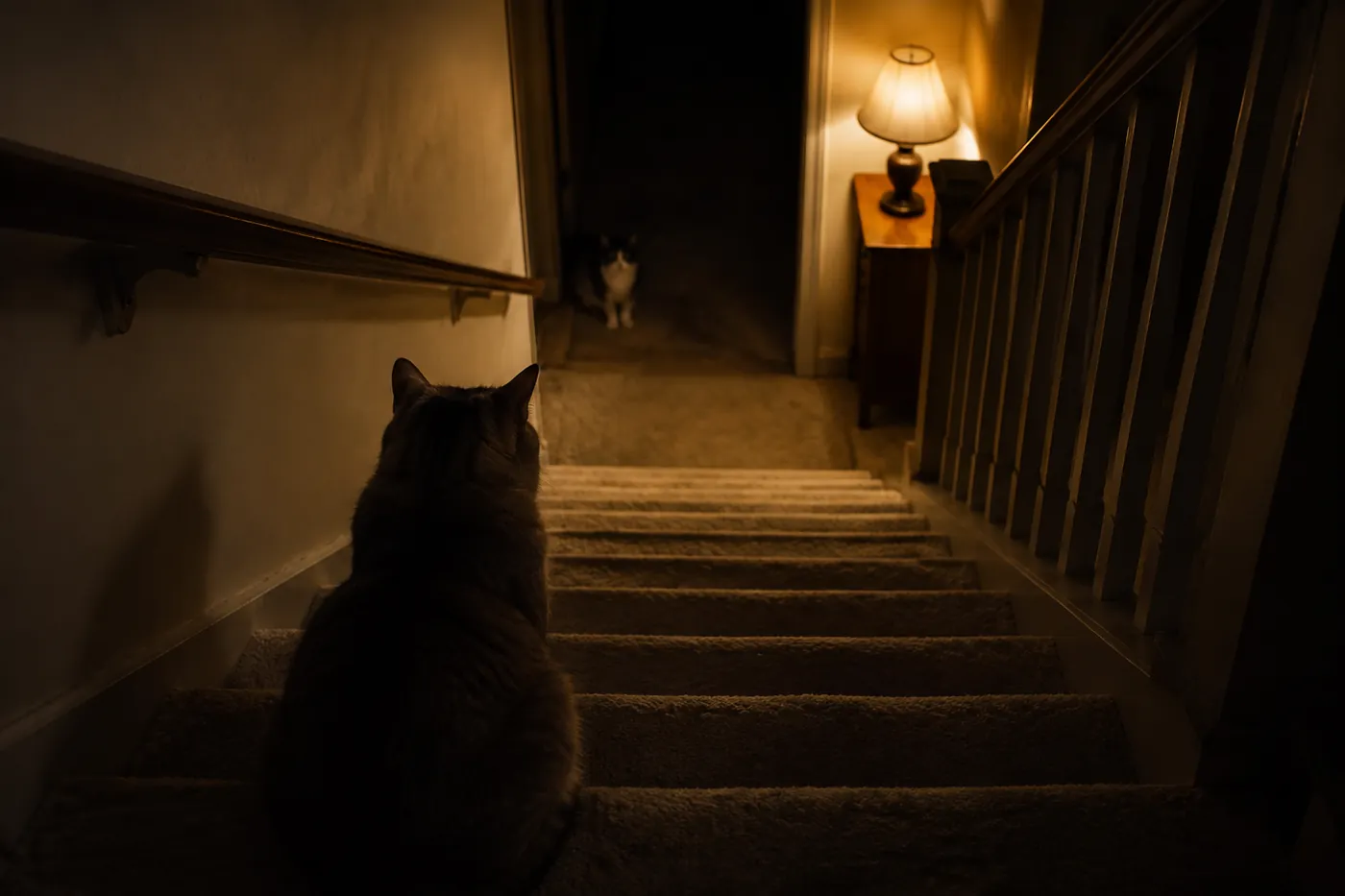 One cat staring steadily at another from the top of a staircase