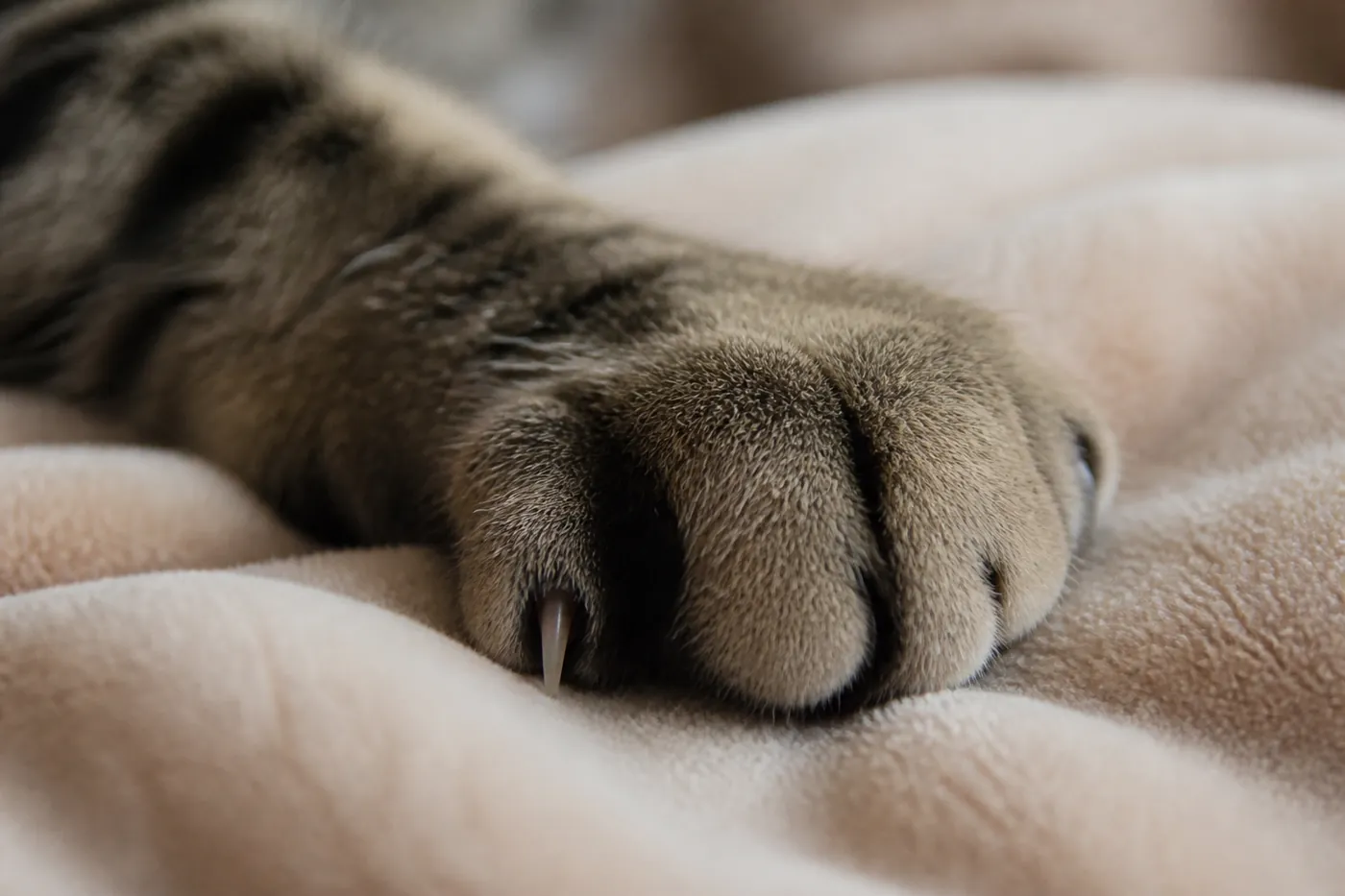A cat's paw with a single claw extended, seen close up against a soft blanket