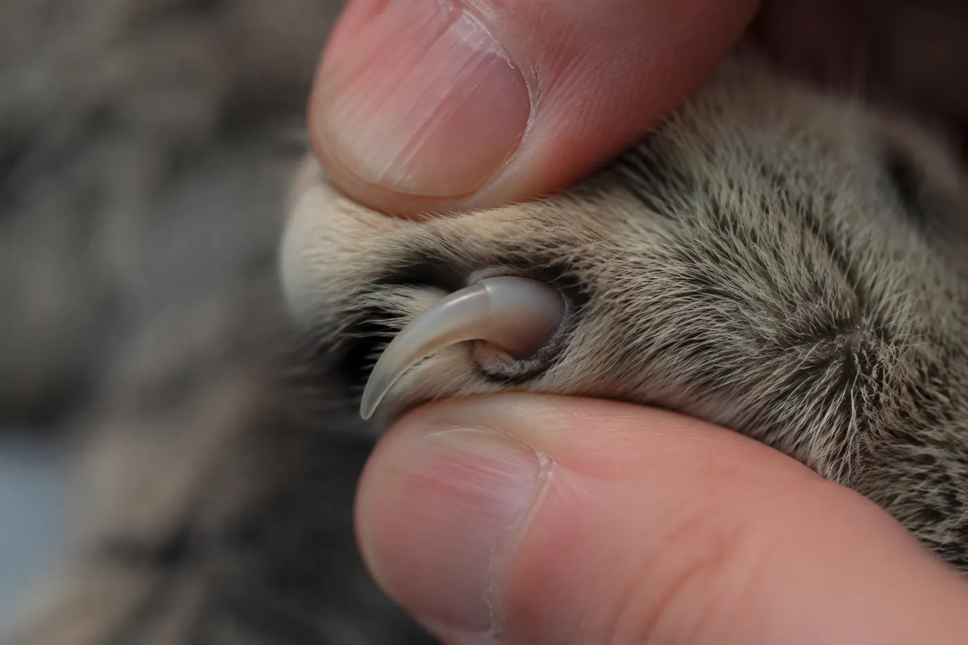 A thumb and finger pressing a toe to extend a single claw