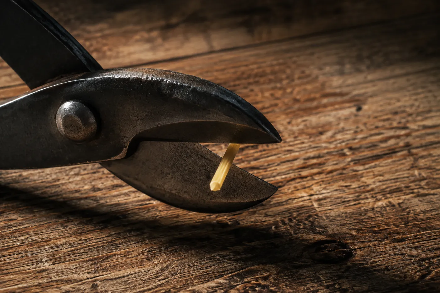 A stick of dry spaghetti being cut with claw clippers