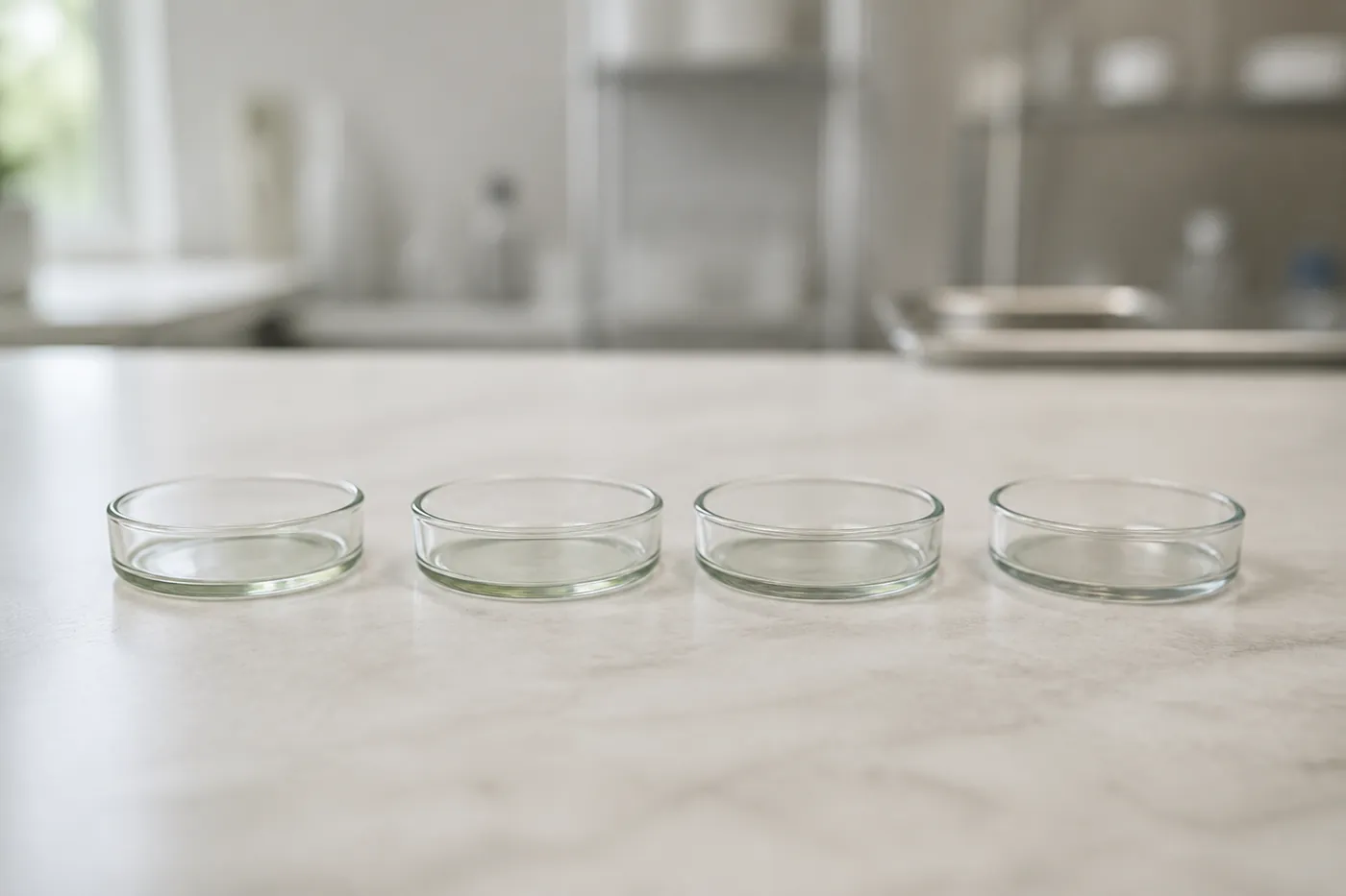 Four small glass dishes arranged in a row on a pale clinical surface