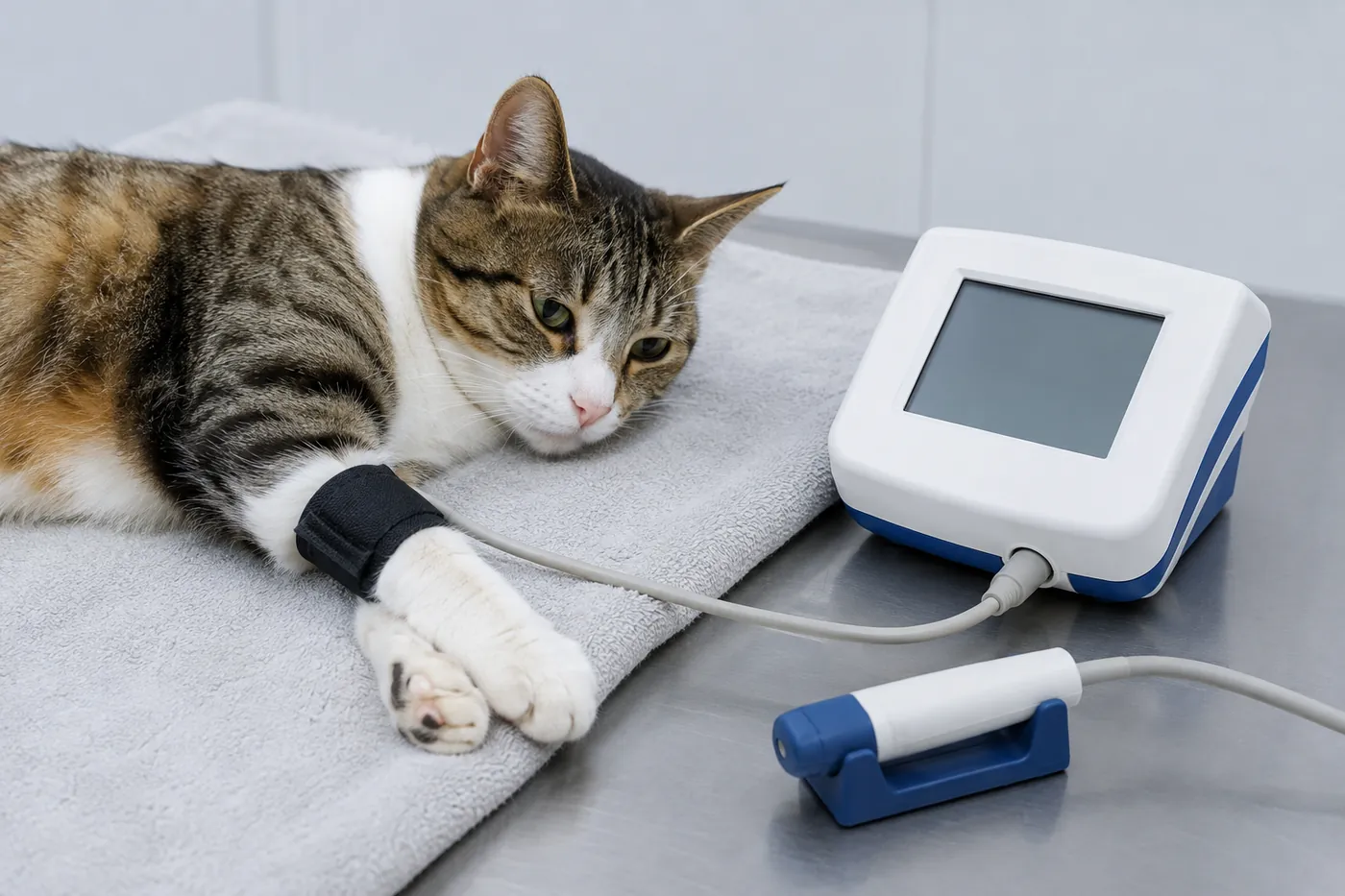 A veterinary blood pressure cuff fitted around a cat's foreleg beside a doppler unit