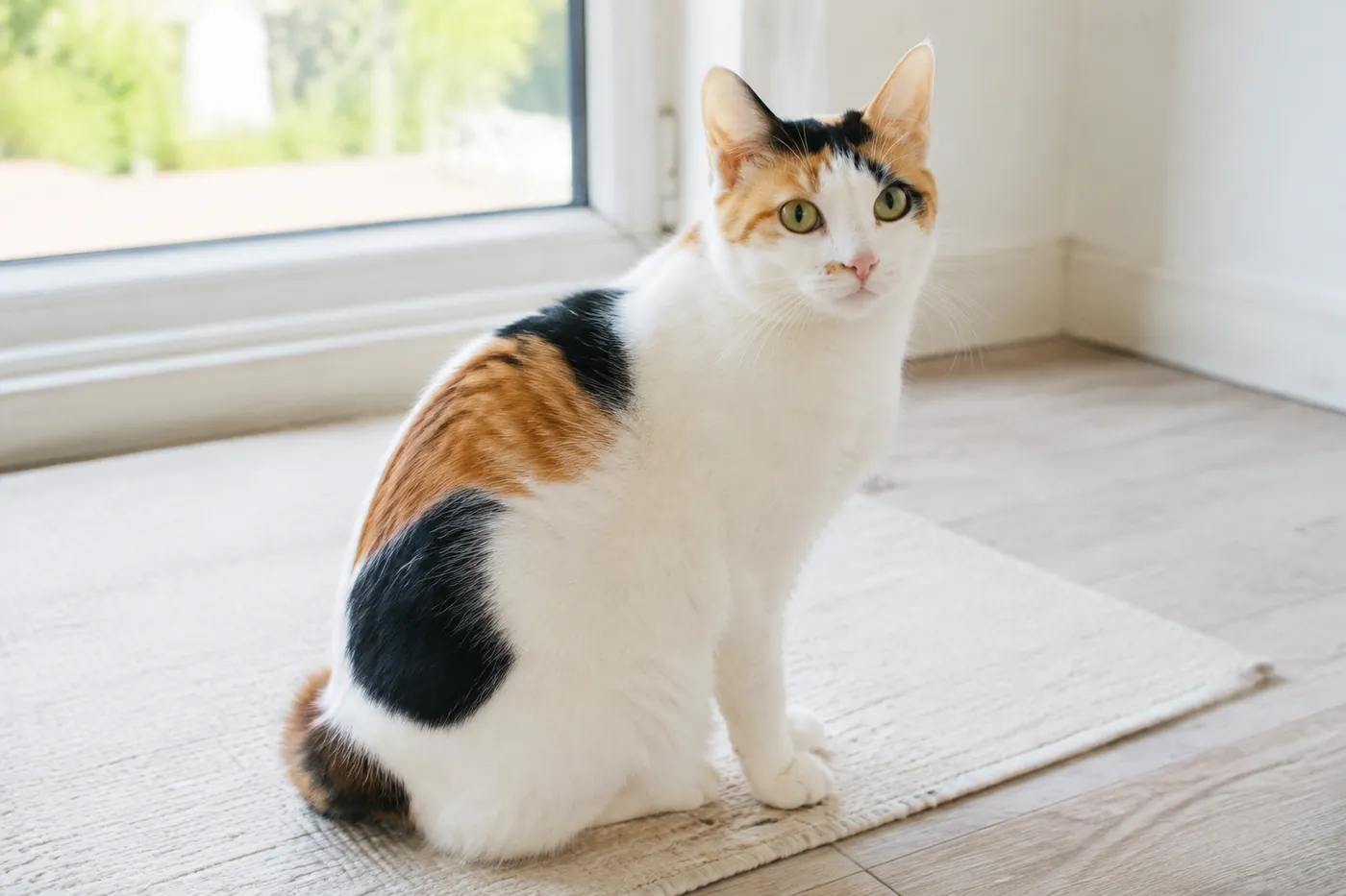 A mostly white cat with separate bold patches of orange and black sitting on a pale mat by a window