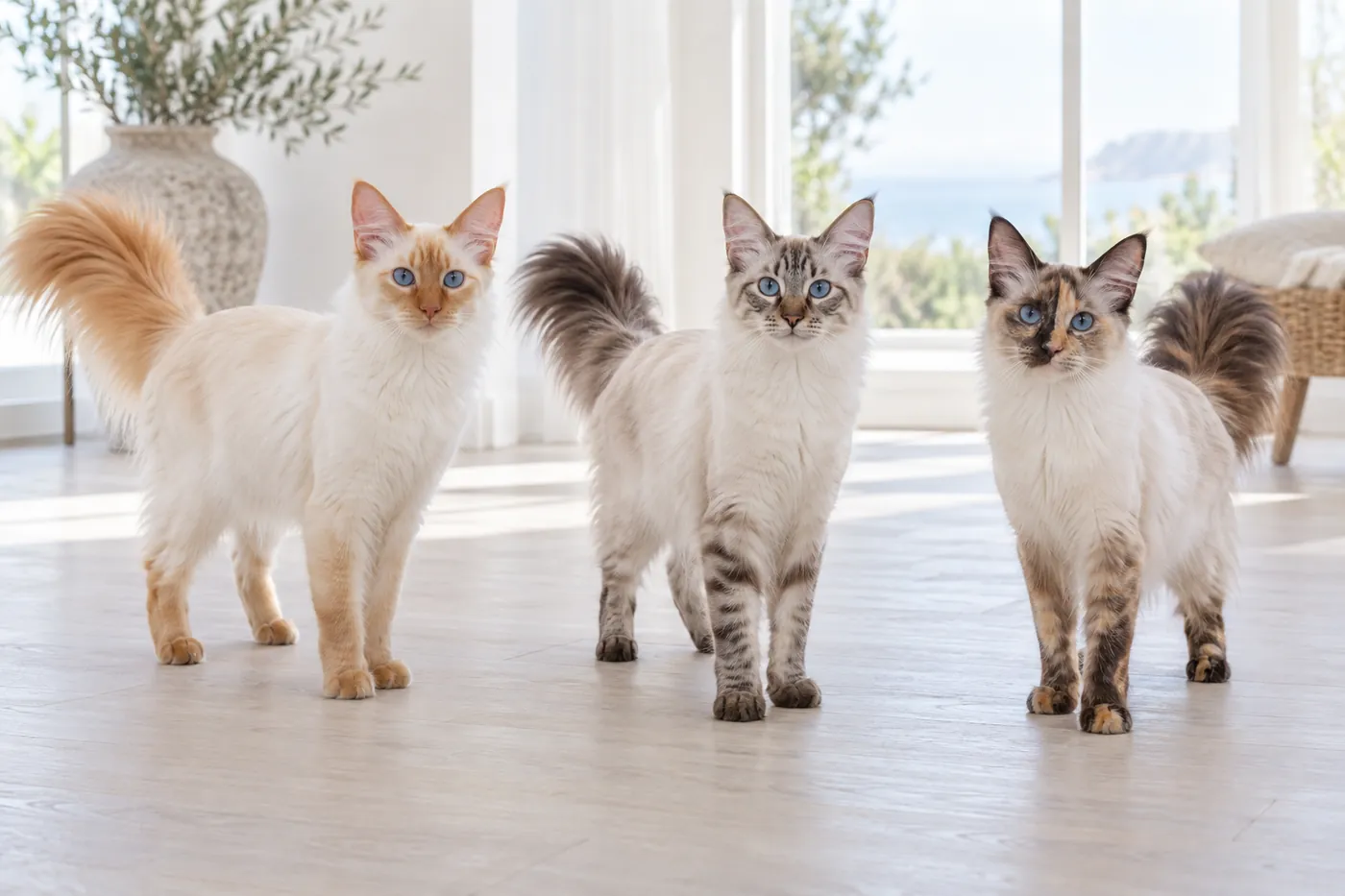 Three semi-longhaired pointed cats showing red point lynx point and tortie point Javanese division colours