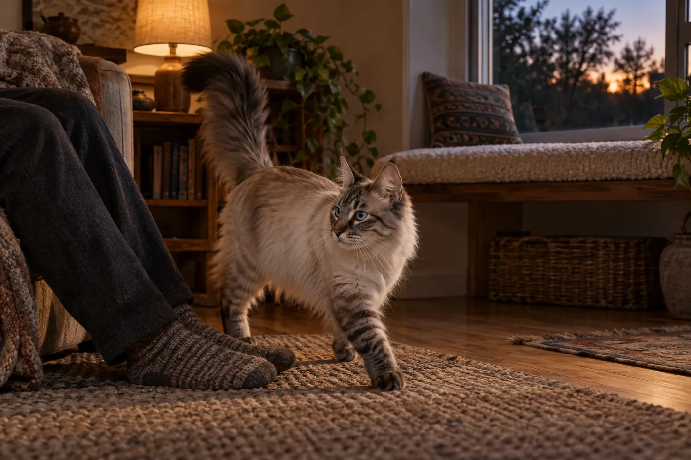 A lynx point semi-longhaired cat moving between a person and a high window perch in an ordinary living room