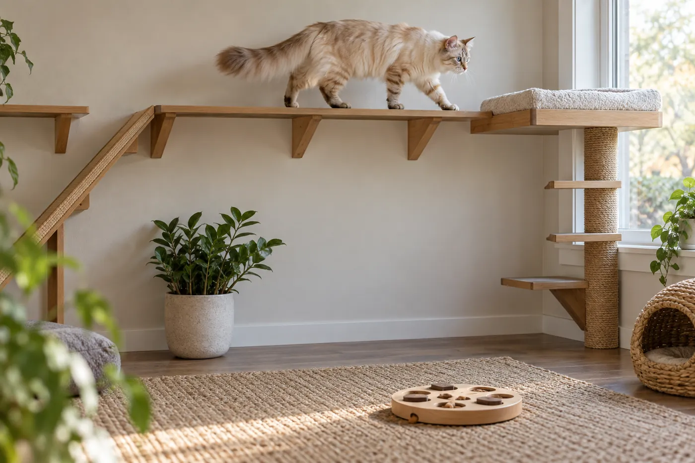 A red lynx point semi-longhaired cat crossing broad connected wall shelves toward a food puzzle below