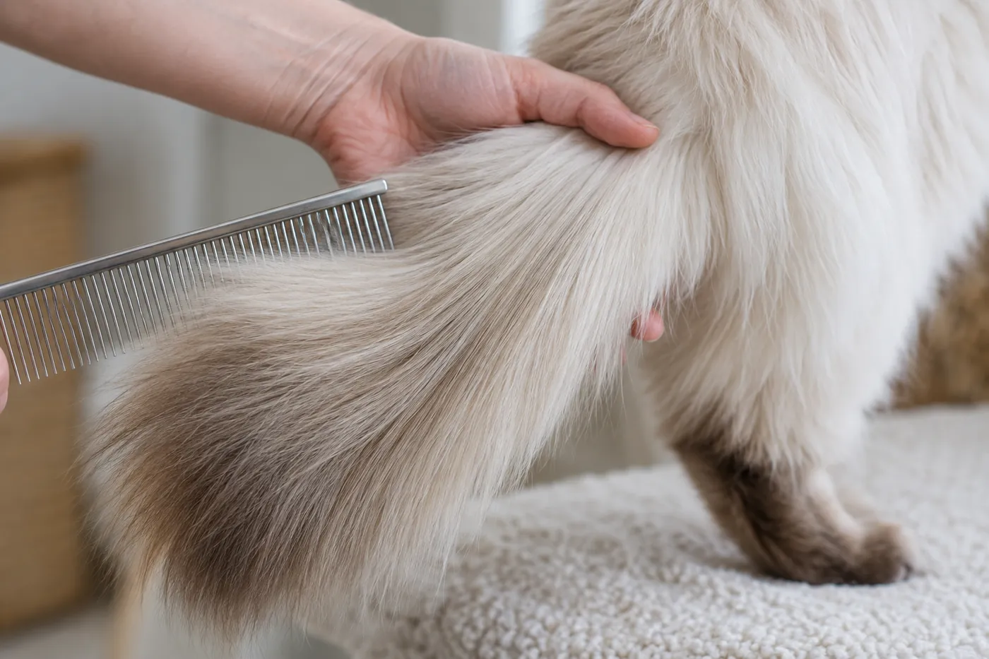 Close view of a wide metal comb passing gently through the plumed tail of a healthy semi-longhaired pointed cat