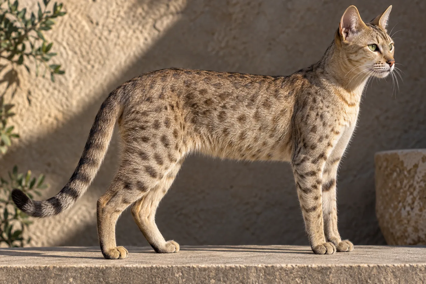 Adult seal-spotted Kanaani-type cat in side profile showing long legs an athletic body and a tapering tail