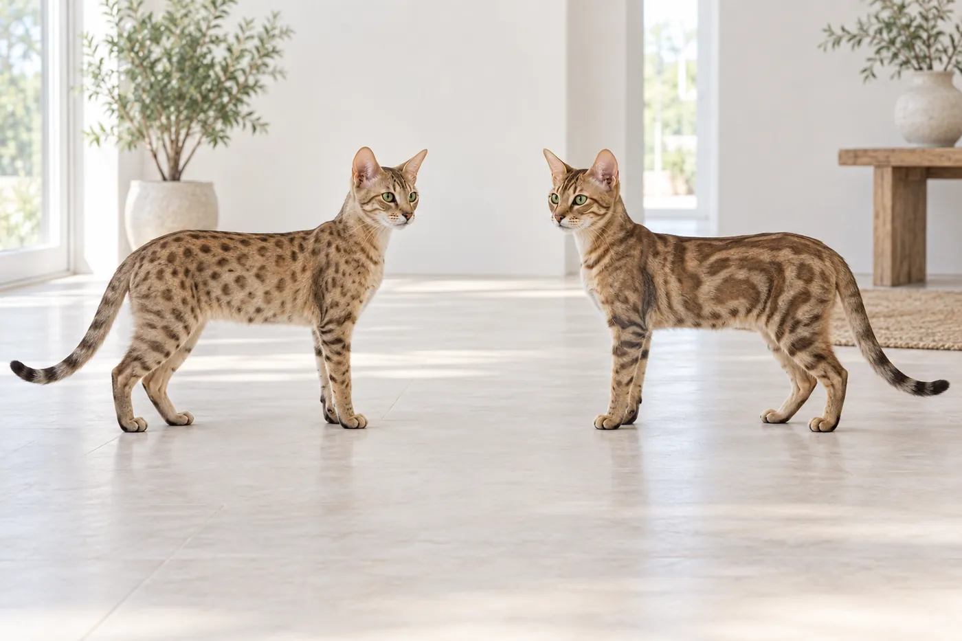 Two Kanaani-type cats at equal scale comparing a softened spotted coat with a broad marbled coat