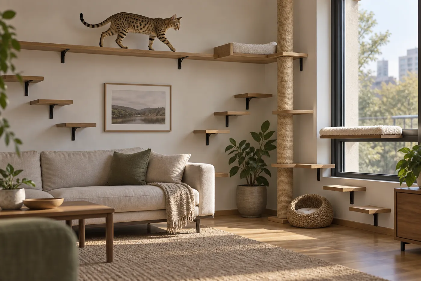Kanaani-type cat using connected wall shelves a broad landing a window platform and a tall scratching post