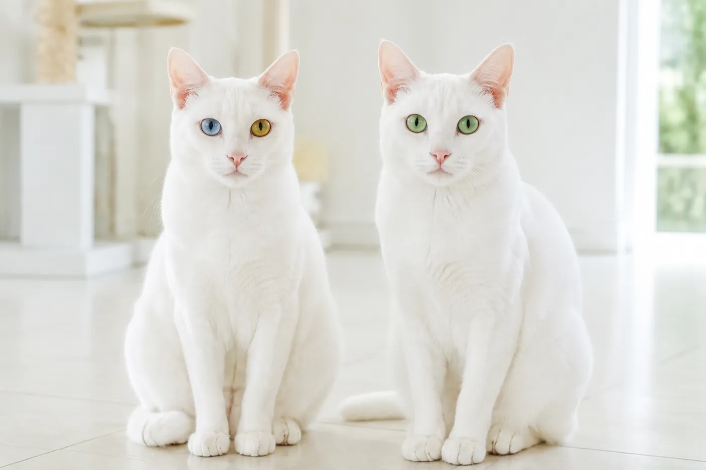 Two adult white Khao Manee cats sitting together, one with a blue and amber eye and one with two green eyes