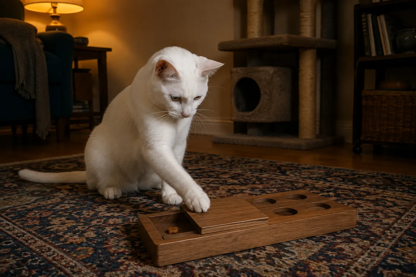 An adult white Khao Manee batting a food puzzle beside a seated person in a lived-in room