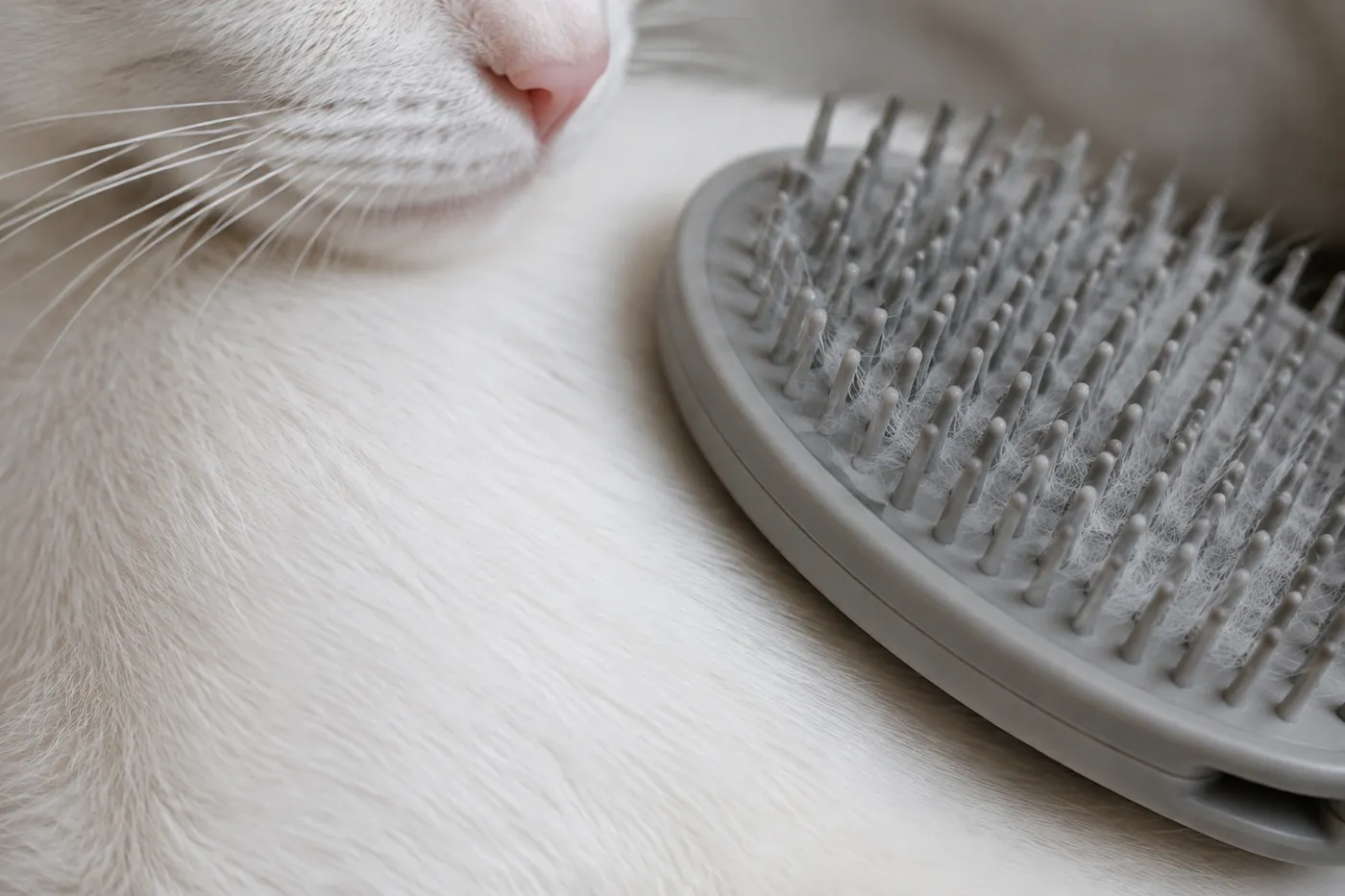 A soft rubber grooming brush lifting loose white hair from the short coat of a Khao Manee